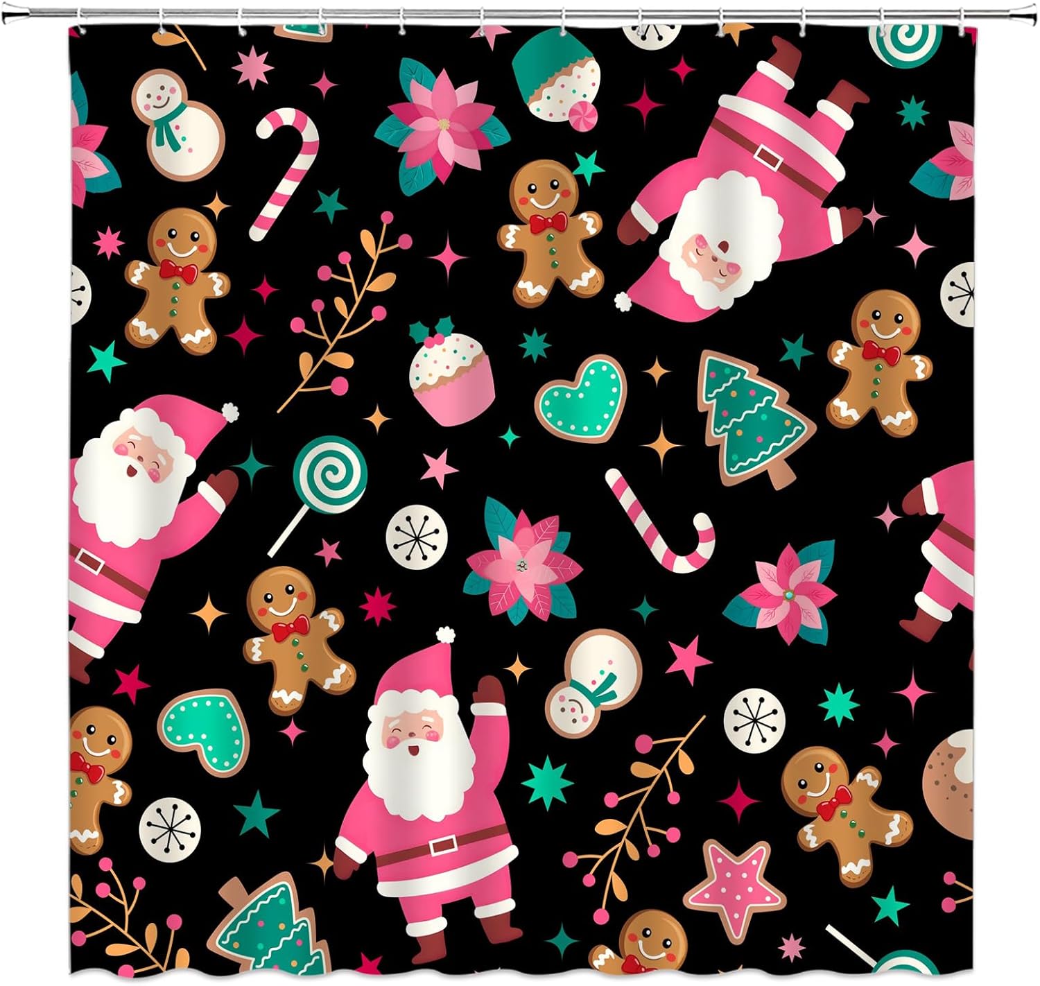 Christmas Extra Long Shower Curtain,Santa Claus Gingerbread Candy Poinsettia Xmas Tree Decor for Bathroom,Hot Pink Black Winter Holiday Fabric Curtain with Hooks,70x78 Inch