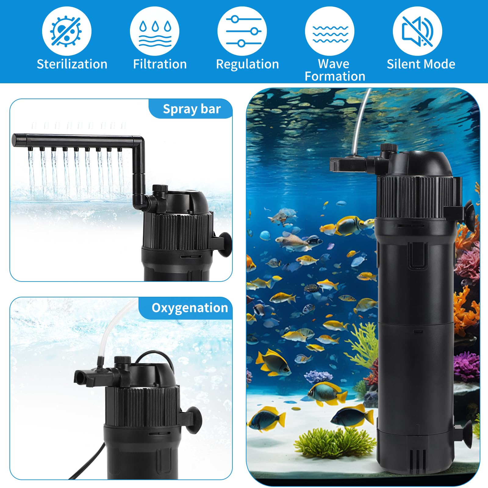 DBREAKS 5 in 1 Filtro Interno per Acquario 650 L/h 6W con UV Lampada 8W & Timer, Filtro Interno Acquario Regolabile, Pompa Acquarios per Tartarughe d'Acqua 100-300 Litri