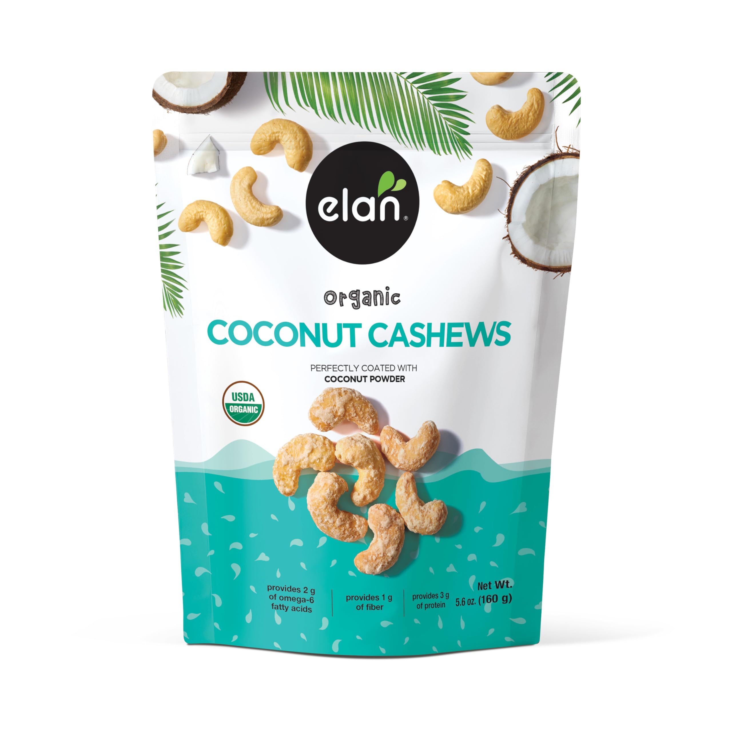 Elan Organic Coconut Cashews, 5.6 oz, Non-GMO, Gluten-Free, Vegan, Kosher, Glazed Nuts (Roasted Cashews, Coconut Milk Powder, Himalayan Pink Salt), Superfood Infused NutsUSDA Organic