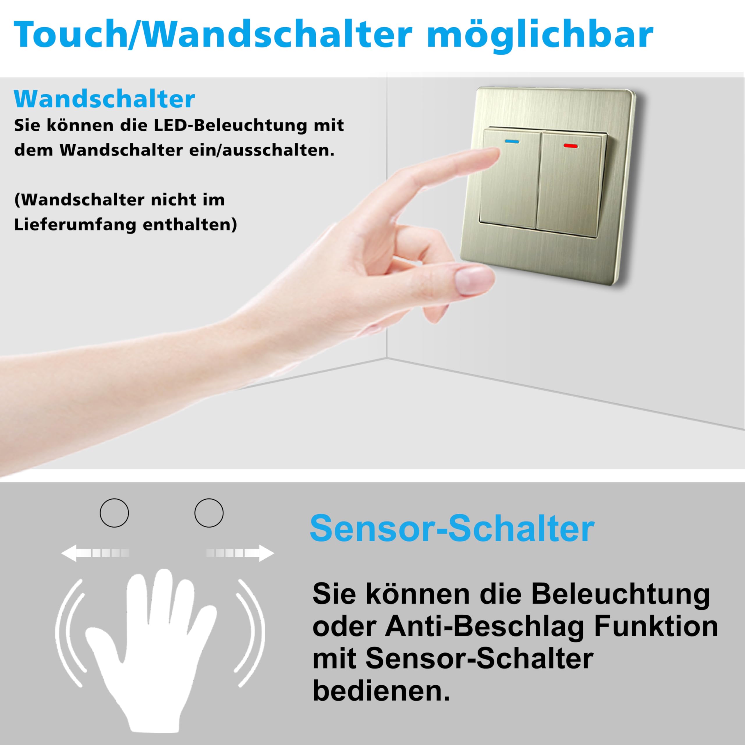 Badspiegel mit Beleuchtung 140x80cm Sensor-Schalter Beschlagfrei Kaltweiß dimmbar Memory-Funktion LED Wandspiegel IP44