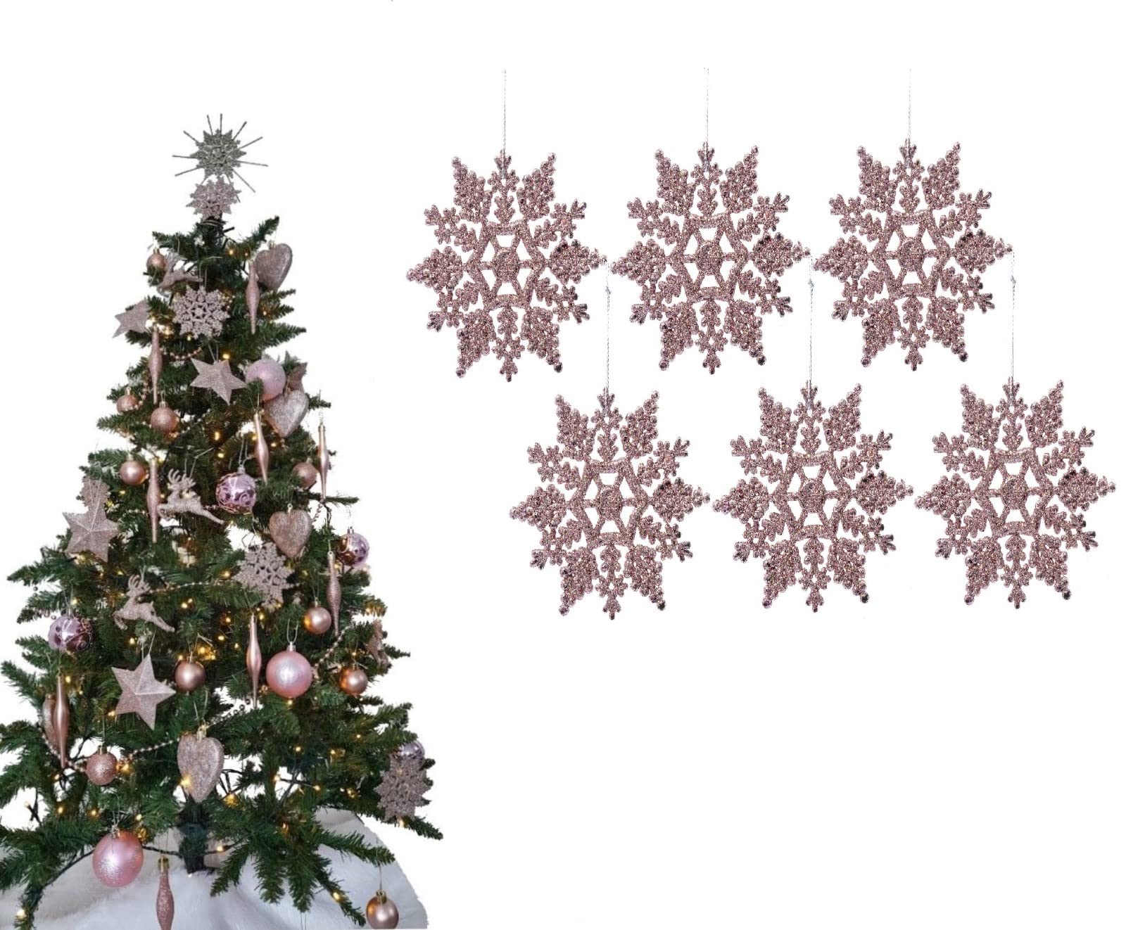 Simply Products Rose Gold Pack Of 6-10Cm Glitter Hanging Decoration, Snowflakes Christmas Tree Decorations (Rose Gold)