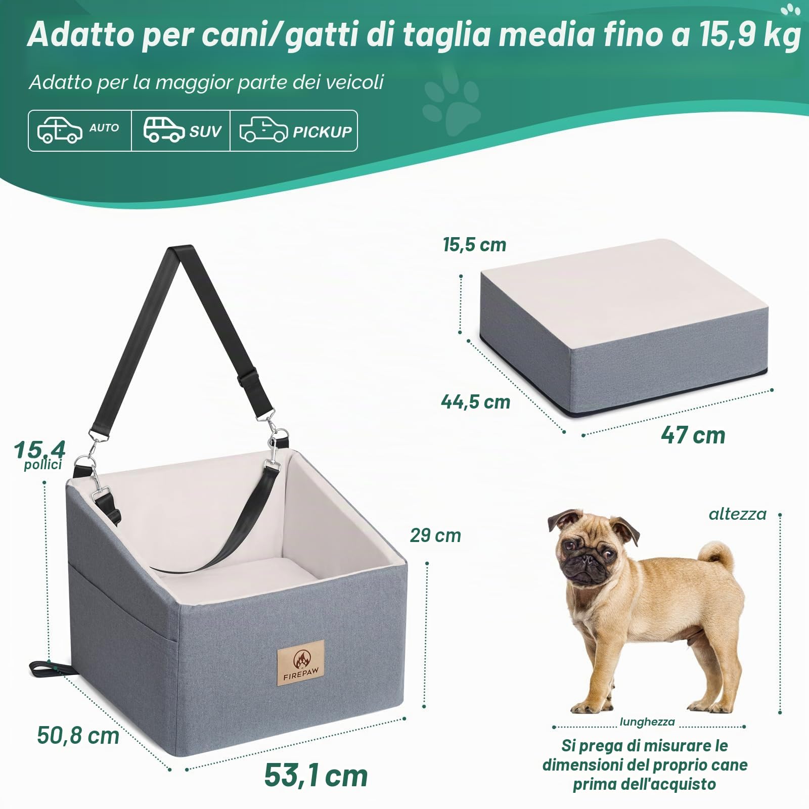 Seggiolino auto per cani fino a 15 kg, seggiolino rimovibile e lavabile con cinture di sicurezza, grigio Seggiolino auto per animali domestici rialzato, Car Dog Seat (Medium,Grey