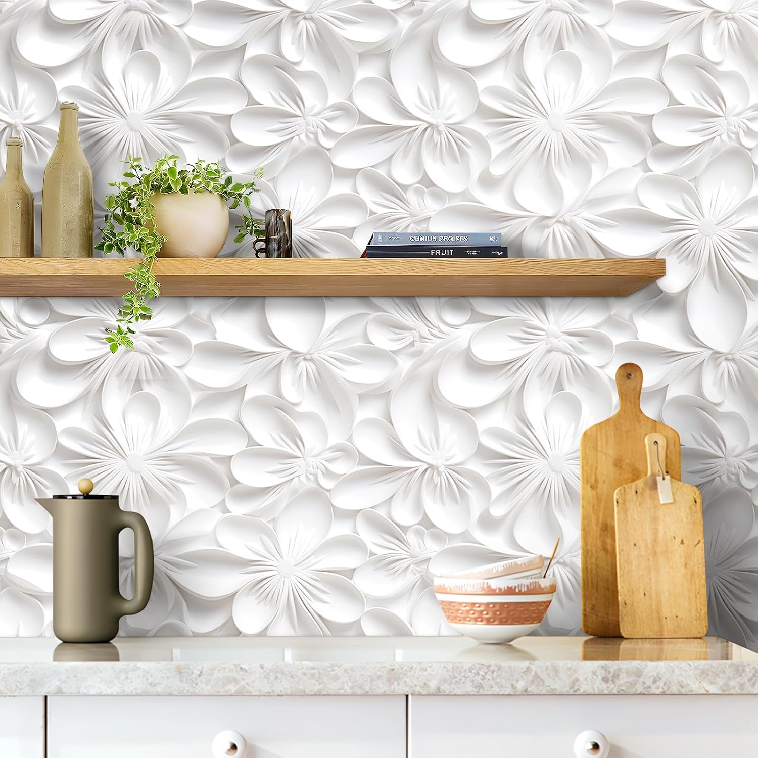 Stickyart 3D White Floral Peel and Stick Wallpaper 17.5"x276" Embossed White Wallpaper for Walls Self Adhesive 3D Flower Contact Paper Removable Decorative Wall Paper for Living Room Drawers Ceiling