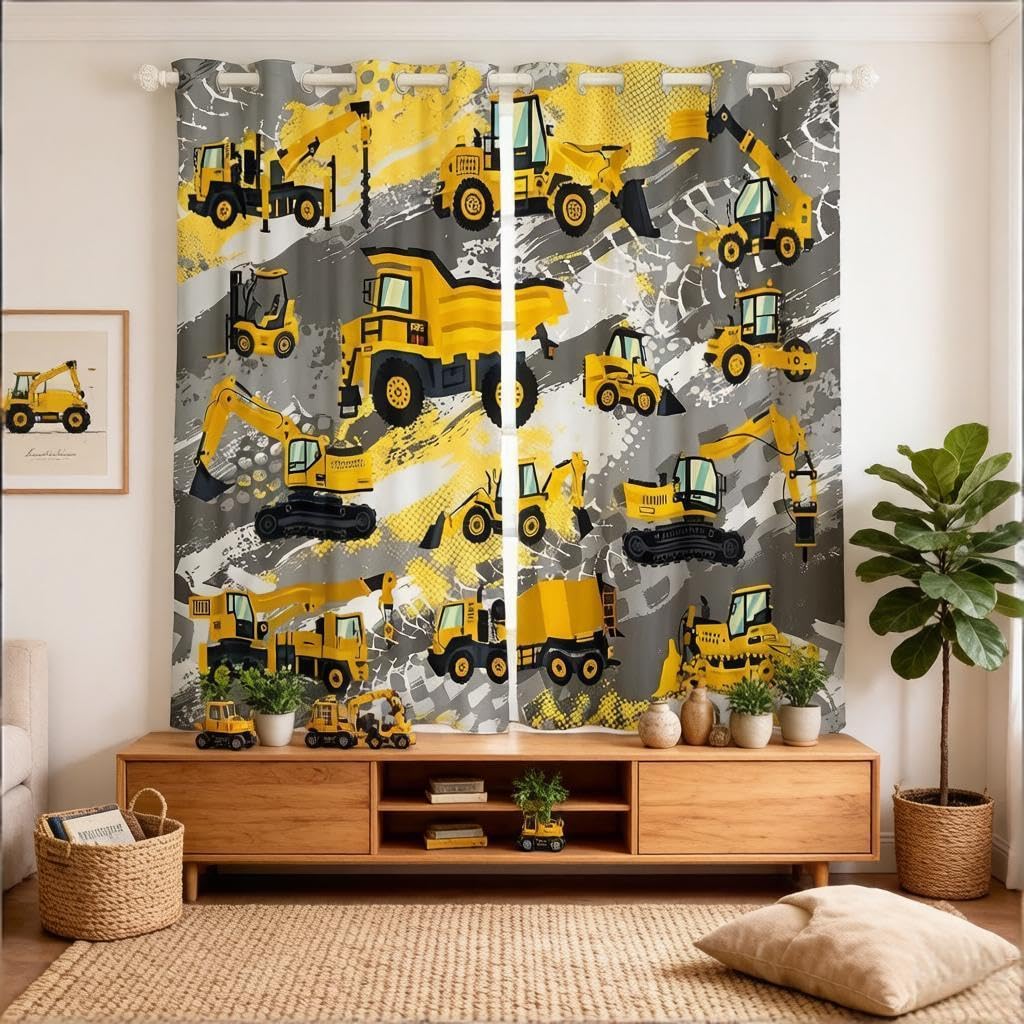 Loussiesd Kids Cartoon Car Curtain Boys Construction Vehicles Window Drapes for Teens Children Cartoon Machinery Truck Window Treatments Construction Site Cars Window Curtains W66*L90 — image 1