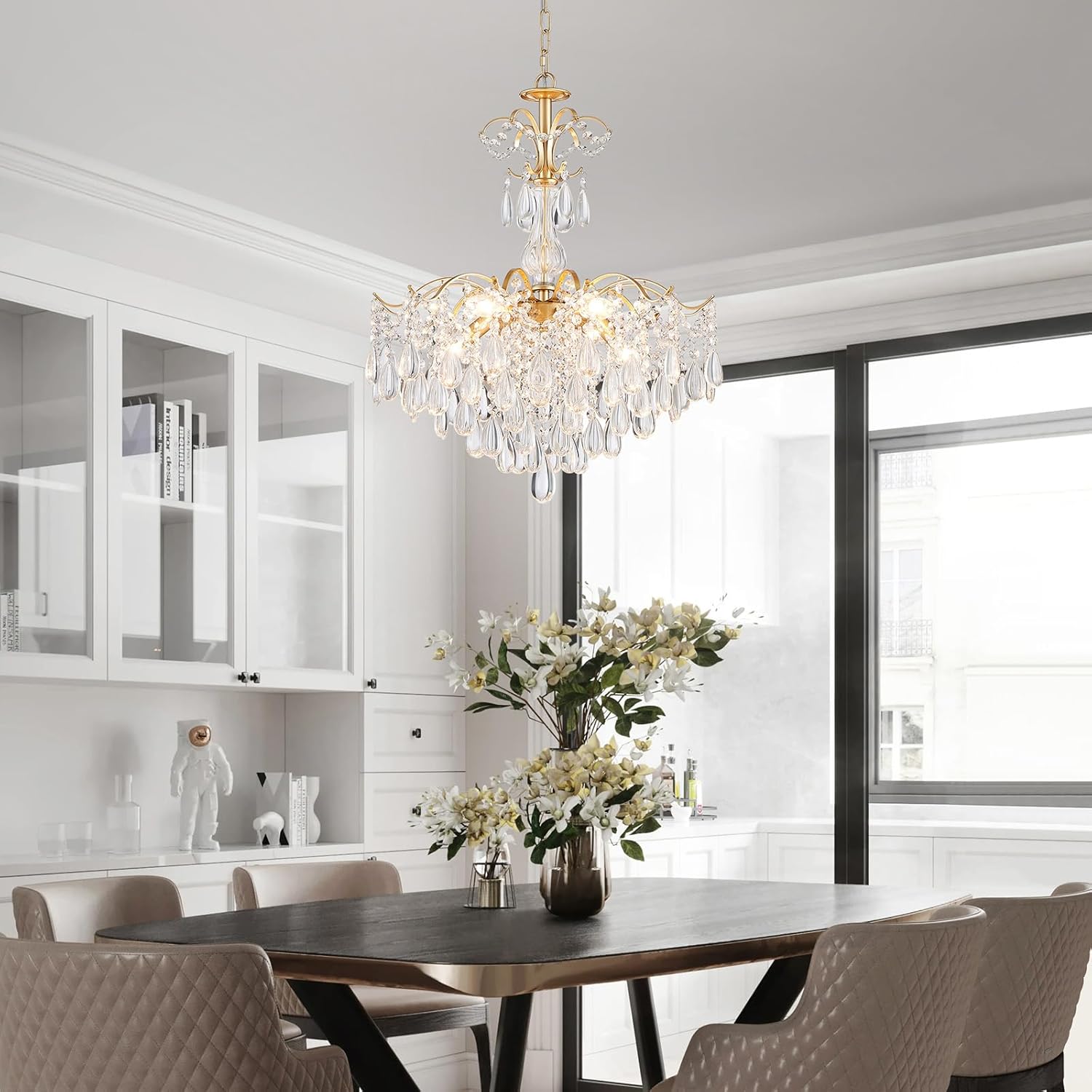 WUZUPS 6-Light Crystal Chandelier Pendant Ceiling Light Modern Lighting Fixture for Bedroom Hallway Bar Kitchen Bathroom, H 25.6" W21.7, E12 Base, Gold