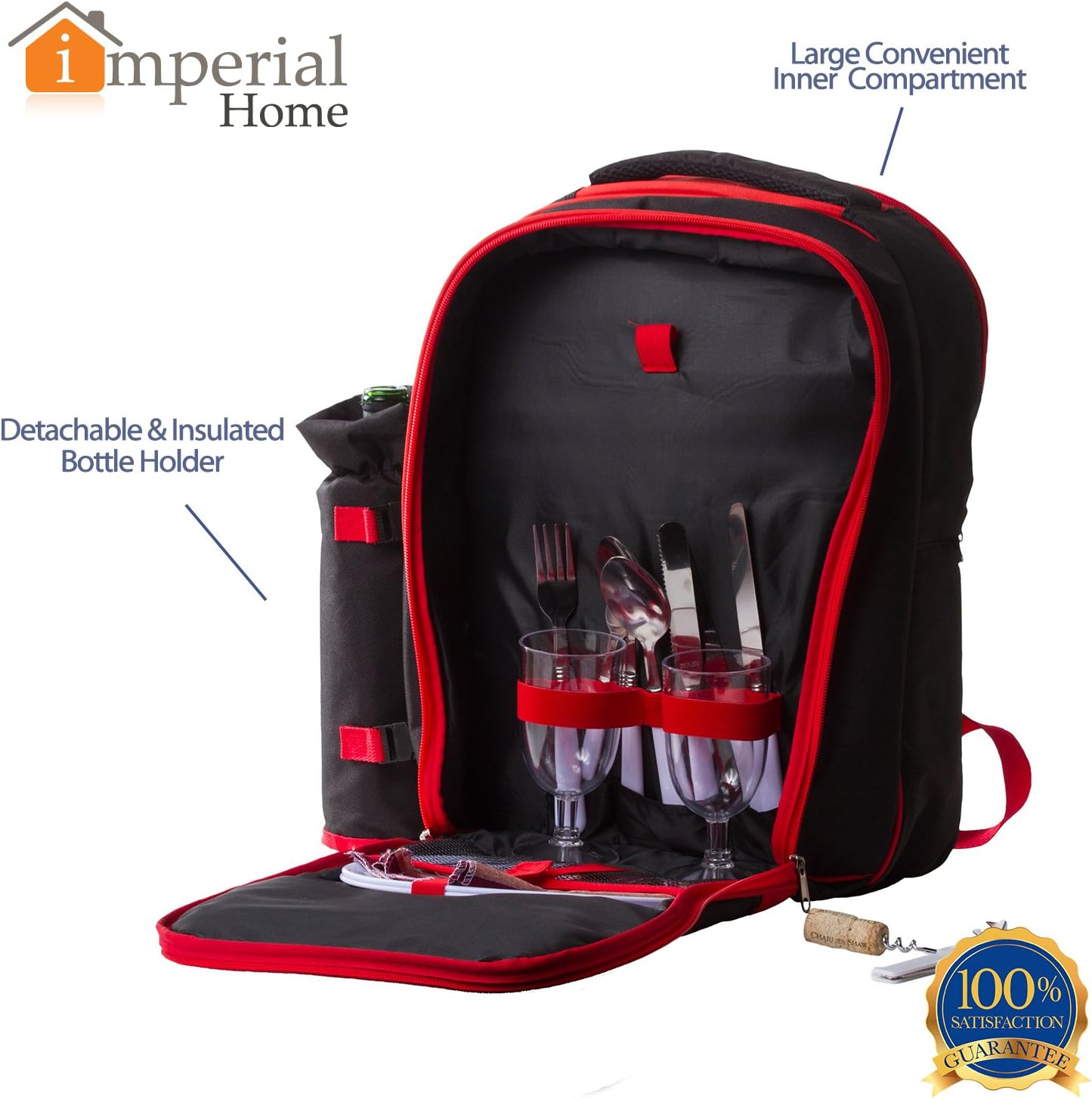 Imperial Home Insulated Picnic Basket - Lunch Tote Cooler Picnic Backpack w/Two Place Setting (Red & Black) : Patio, Lawn & Garden
