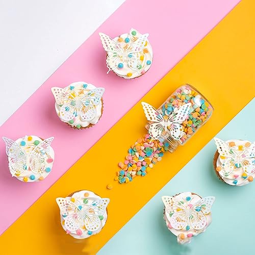 Miniatura 6 de Gyufise Paquete de 36 adornos de mariposa 3D con láser plateado para cupcakes, decoración hueca para cumpleaños, boda, fiesta de hadas, calcomanías
