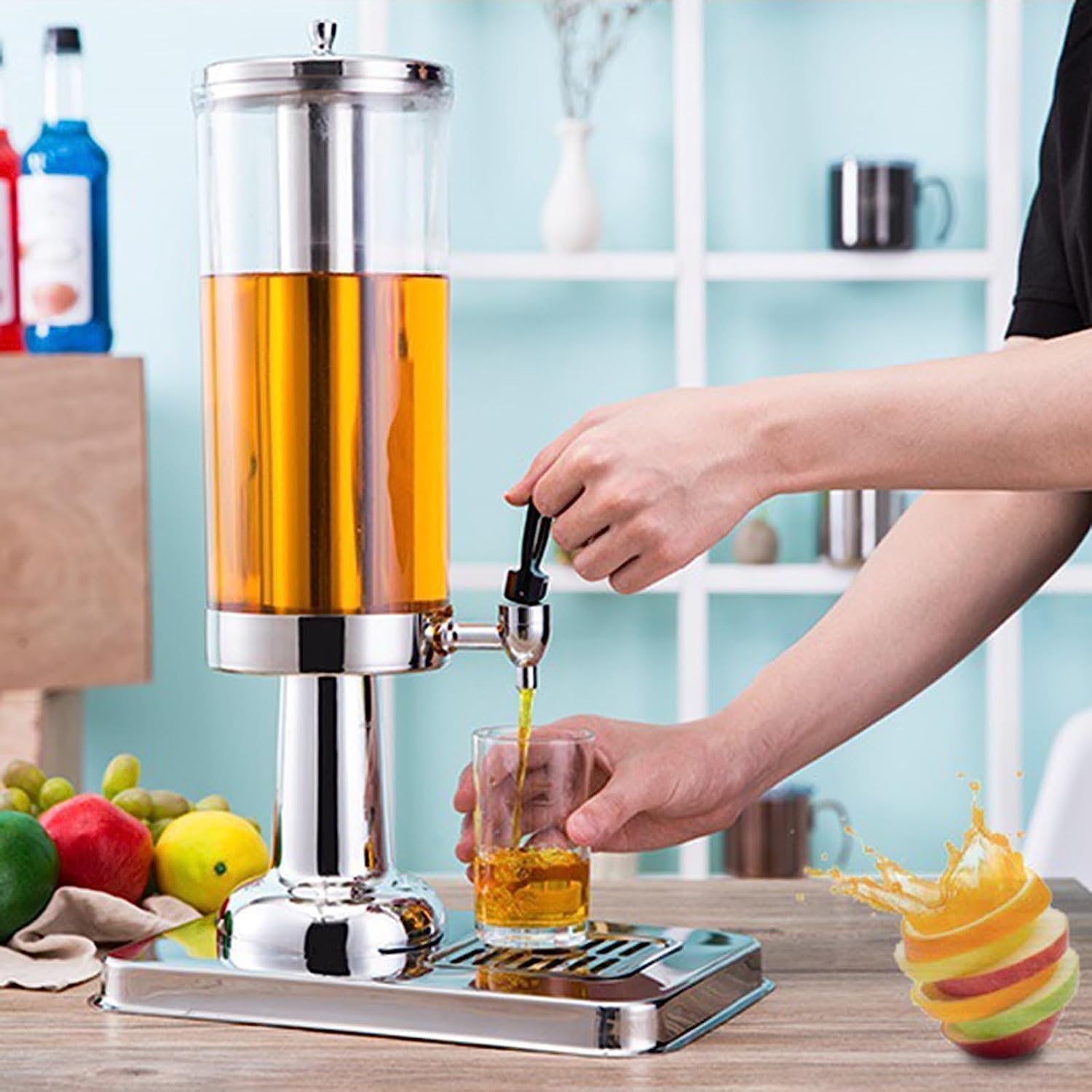 Dozownik napojów 3 l, urna ze stali nierdzewnej z pojemnikiem na lód i kranem na imprezy Imprezy Catering Restauracja Home Serwowanie Lemoniada Kawa mrożona(Silver)