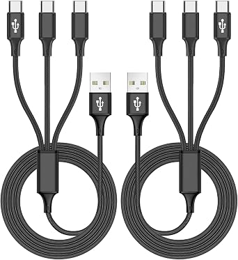 كابل USB C متعدد بطول 6.6 قدم،عبوة من قطعتين،شحن 3 هواتف في وقت واحد، كابل شحن USB-C 3 في 1، موزع متعدد من النوع C لهاتف Apple iPhone 15 Pro/15 Pro Max/15 Plus، iPad Air/Pro، Samsung Galaxy S24 S23، PS5