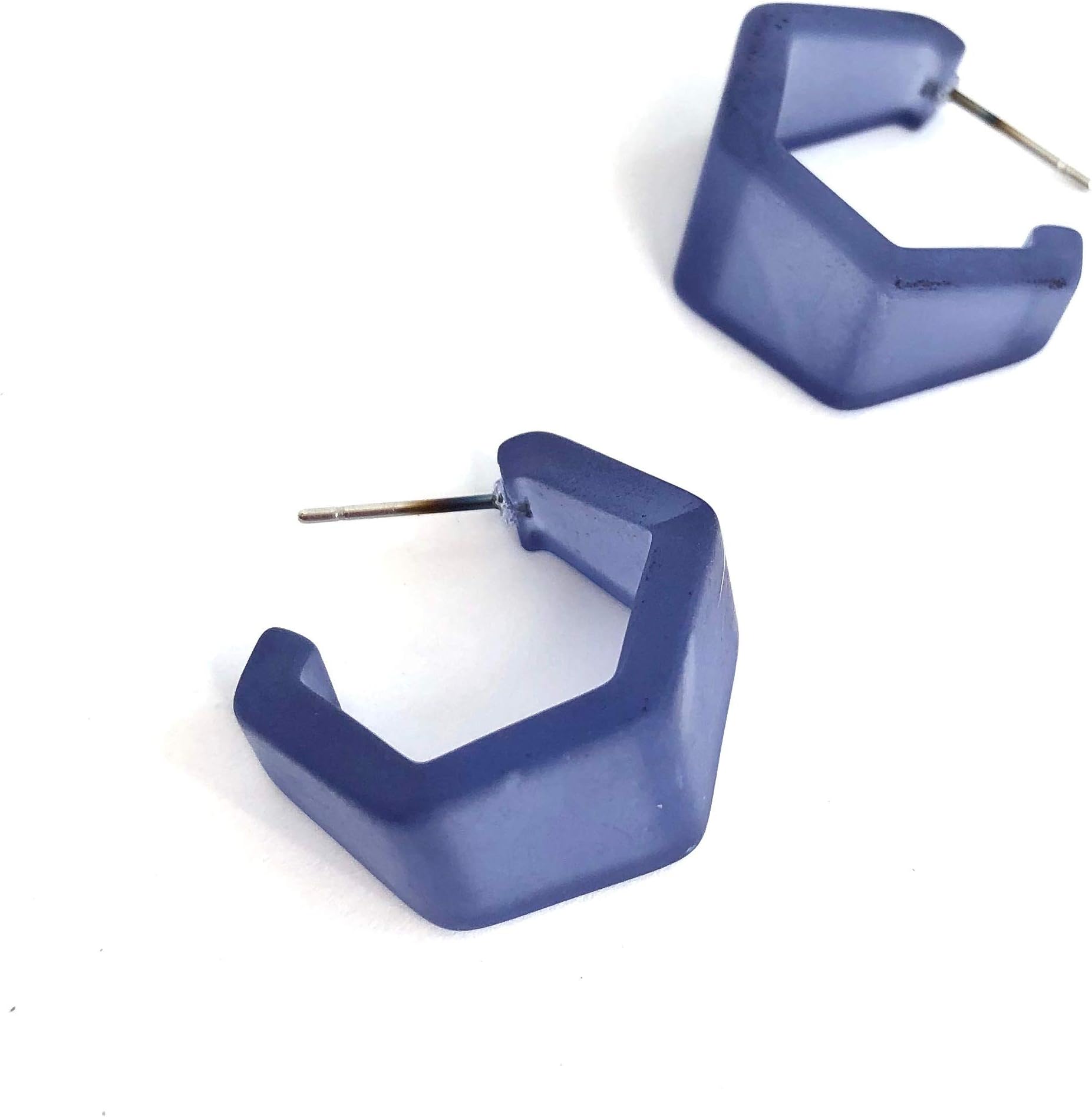 Denim Blue Hexagon Geo Frosted Lucite Hoop Earrings - HXGEO-BL-5