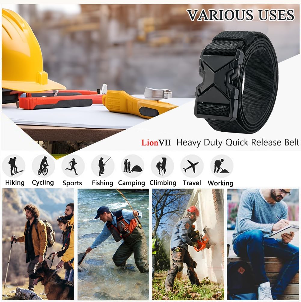 LionVII Heavy Duty Quick Release Belt, Elastic Stretch 1.5" Web Work Belts with Alloy Buckle for Waist Size 28-48"