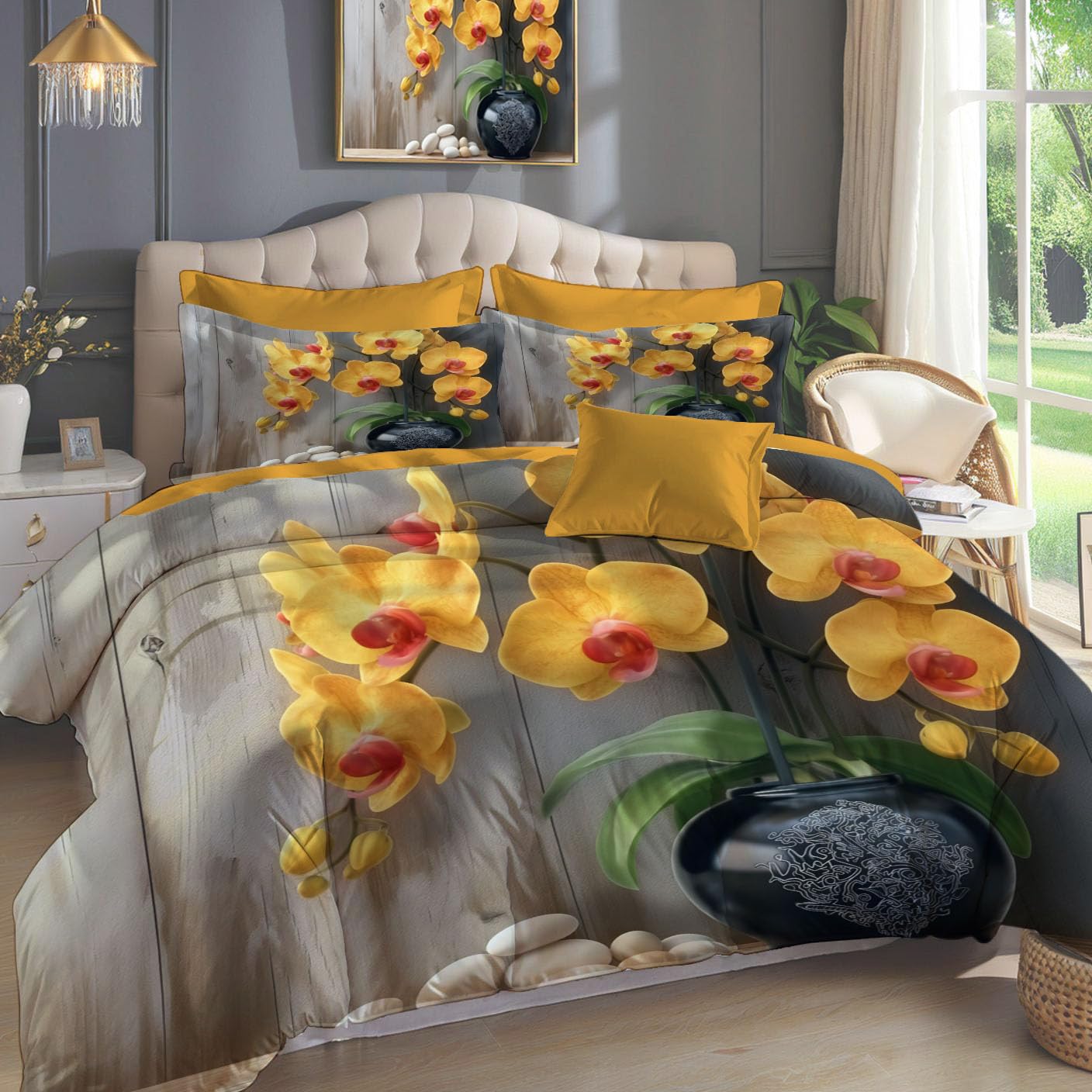 Parure de lit motif orchidées vase au design artistique pour adulte