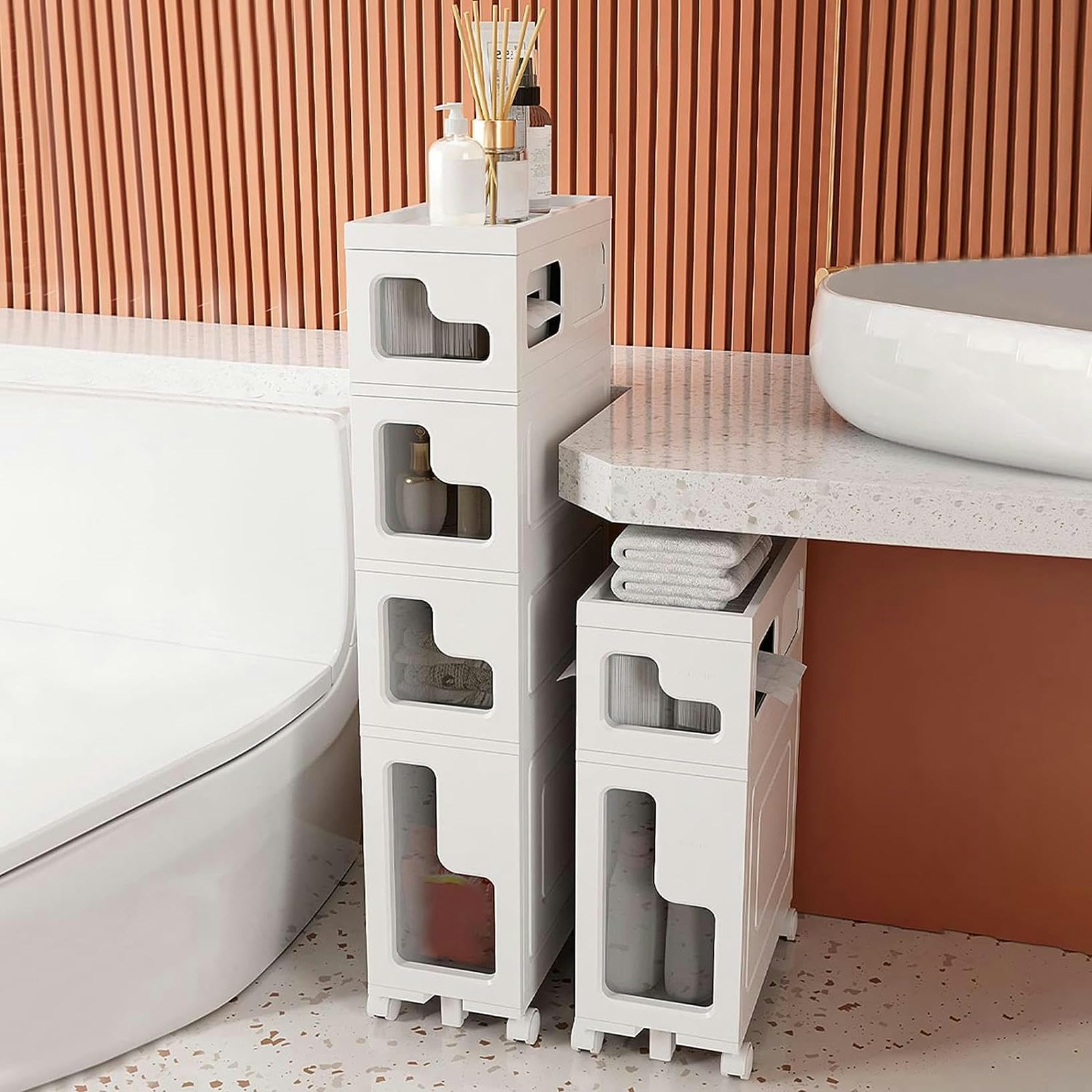 Armario de baño con cajones apilables, Delgado, de plástico, con cajones deslizables multifuncionales de 2 a 4 niveles, organizador de baño para esquinas Que ahorra espac