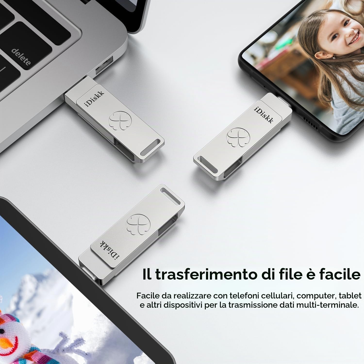 iDiskk Chiavetta USB 3.2 ad alta velocità da 256 GB per iPhone 17/16/15 Pro/Max, USB-C iPad, MacBook, Android, 500 MB/s, con app di backup automatico per foto/video, archiviazione esterna per telefoni