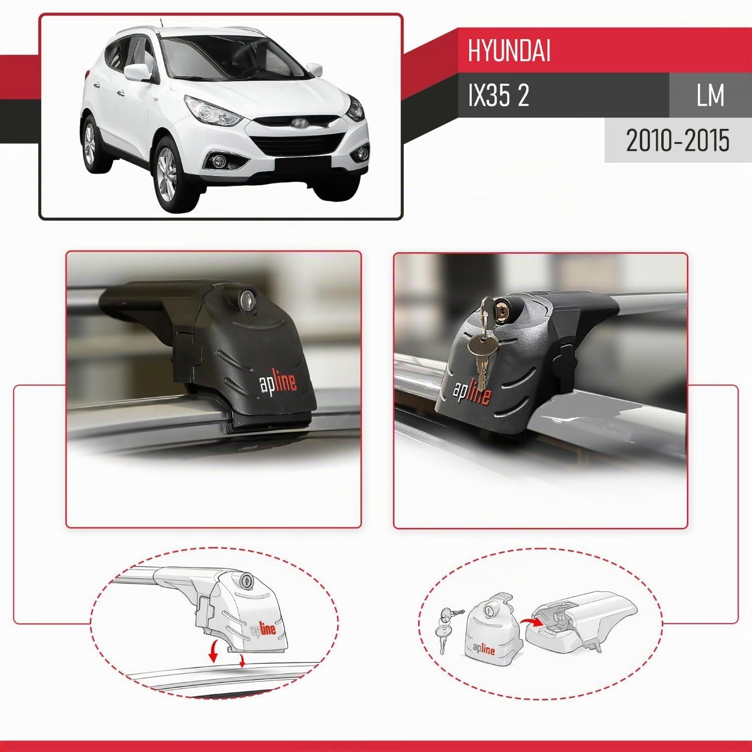 Compatible con Hyundai ix35 2 (LM) 2010-2015 Modelo Ace-2 Barra de Techo Auto Portaequipajes Barras Transversales Gris Aluminio 2 Barras