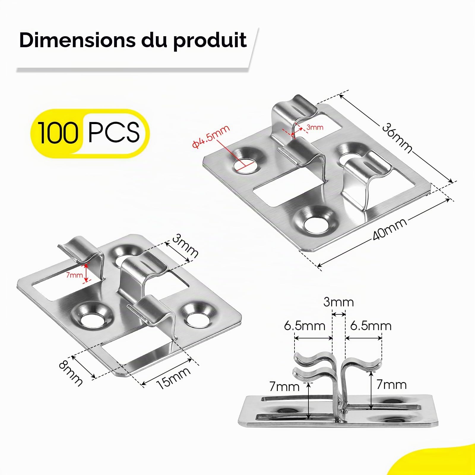 100 pièces Attaches pour lames de terrasse WPC en acier inoxydable, Clips cachés, entretoises pour Fixation de lames WPC/BPC (Argent, écart 3mm, hauteur 7mm)