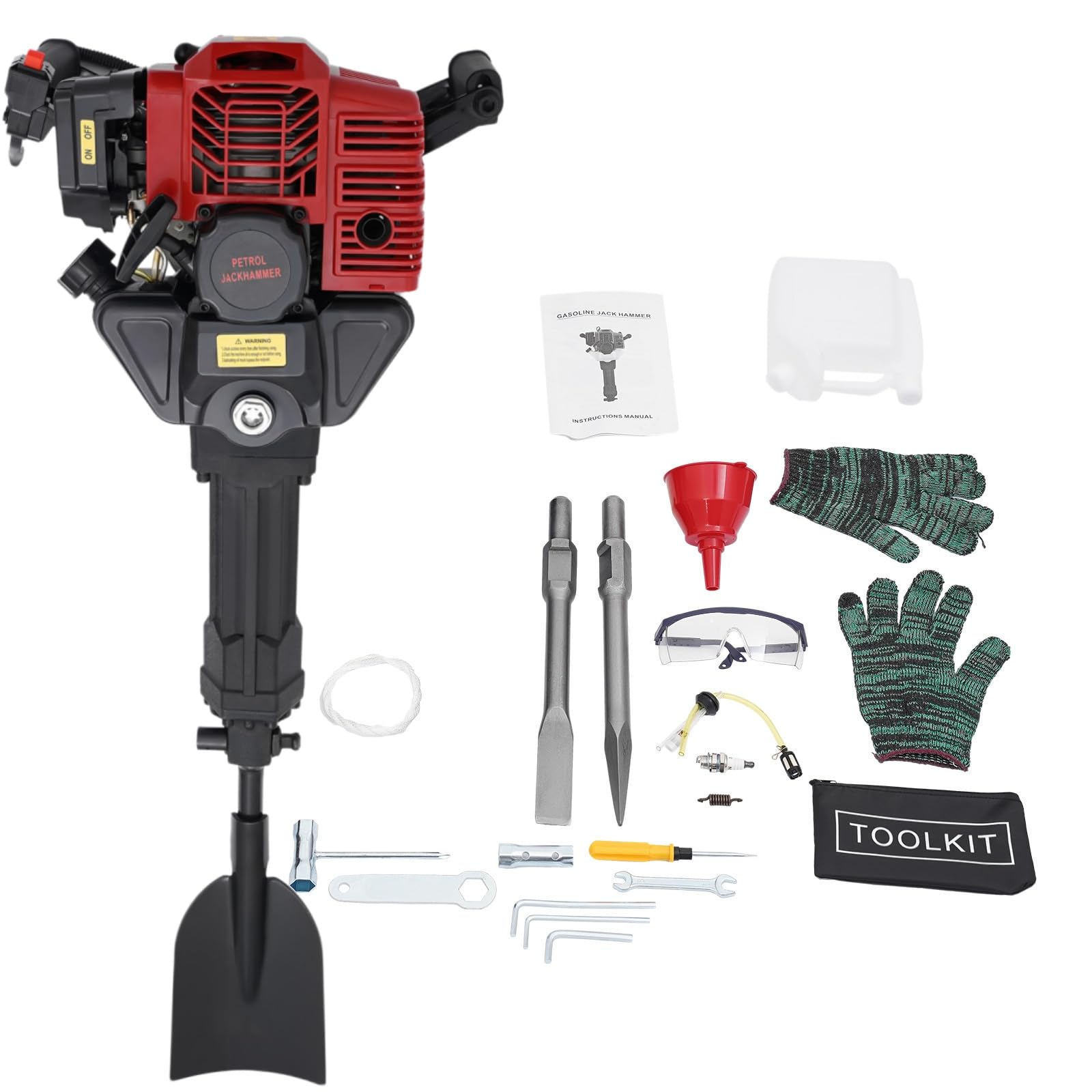 Pelleteuse à essence 3 en 1 52 CC - 1900 W - Moteur 2 temps - Excavatrice d'arbre de jardin avec pelle - Hachette pointue - Ciseau plat pour plantation d'arbres - Démarrage manuel - Refroidissement