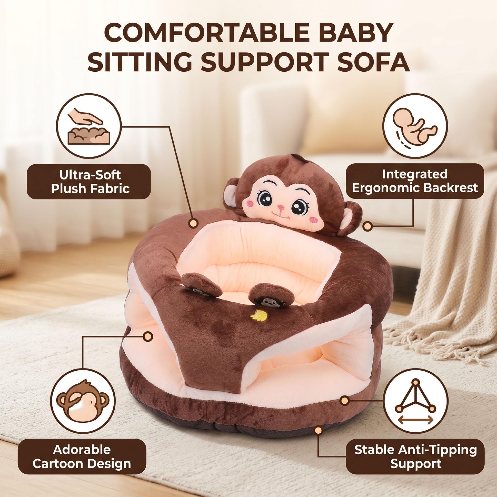 ZJchao Silla para Aprender a Sentarse para bebé, sofá de Apoyo para Sentarse de Felpa con Respaldo para Sala de Estar en Casa (mono marrón)