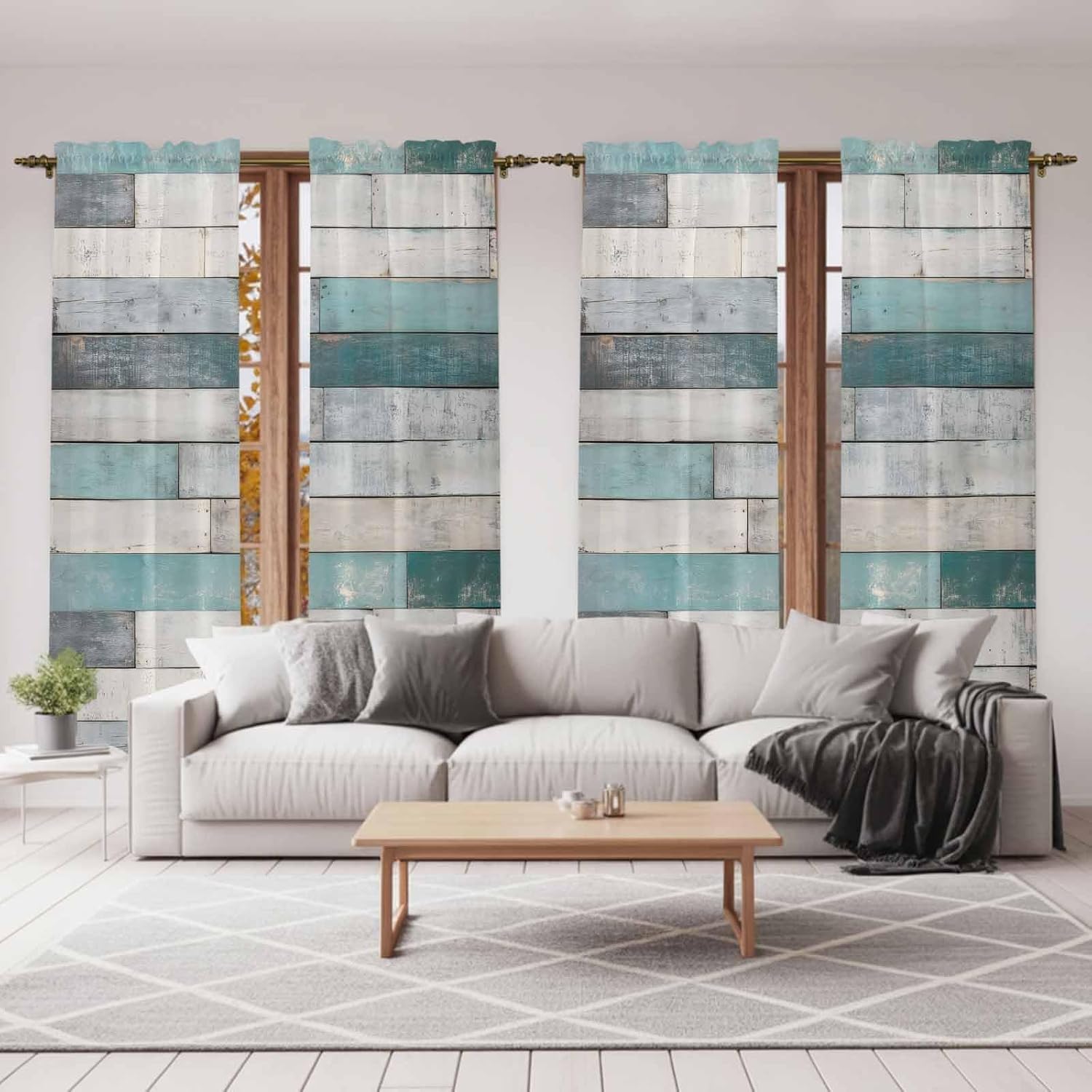 Turquoise Grey Wooden Kitchen Curtains, Farmhouse Teal Wood Light Filtering Window Curtain Panels, 2Pcs Rod Pocket Window Treatments Set for Living Room Bathroom Bedroom 52x72 Inches
