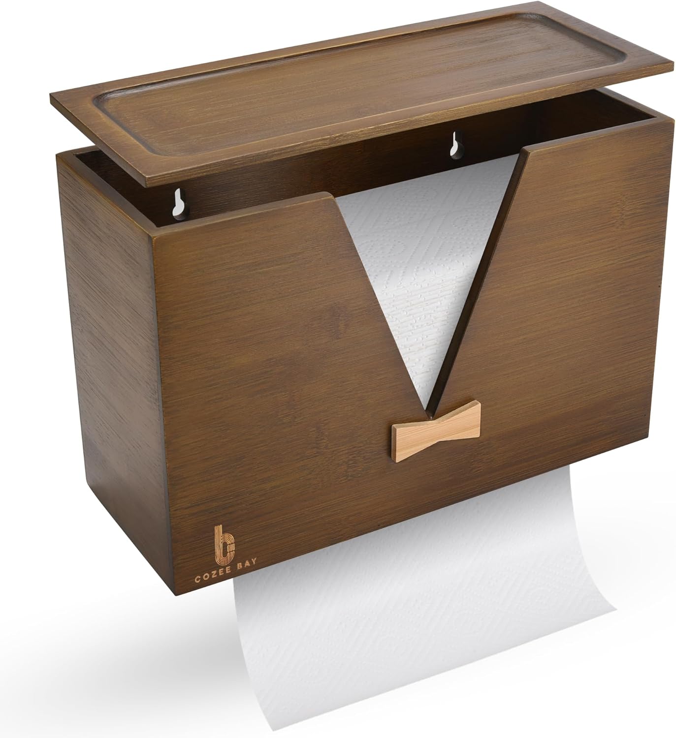 Cozee Bay Bamboo Paper Towel Dispenser, Paper Towel Holder with Lid for Home and Commercial, Wall Mount or Countertop (Vintage Brown)