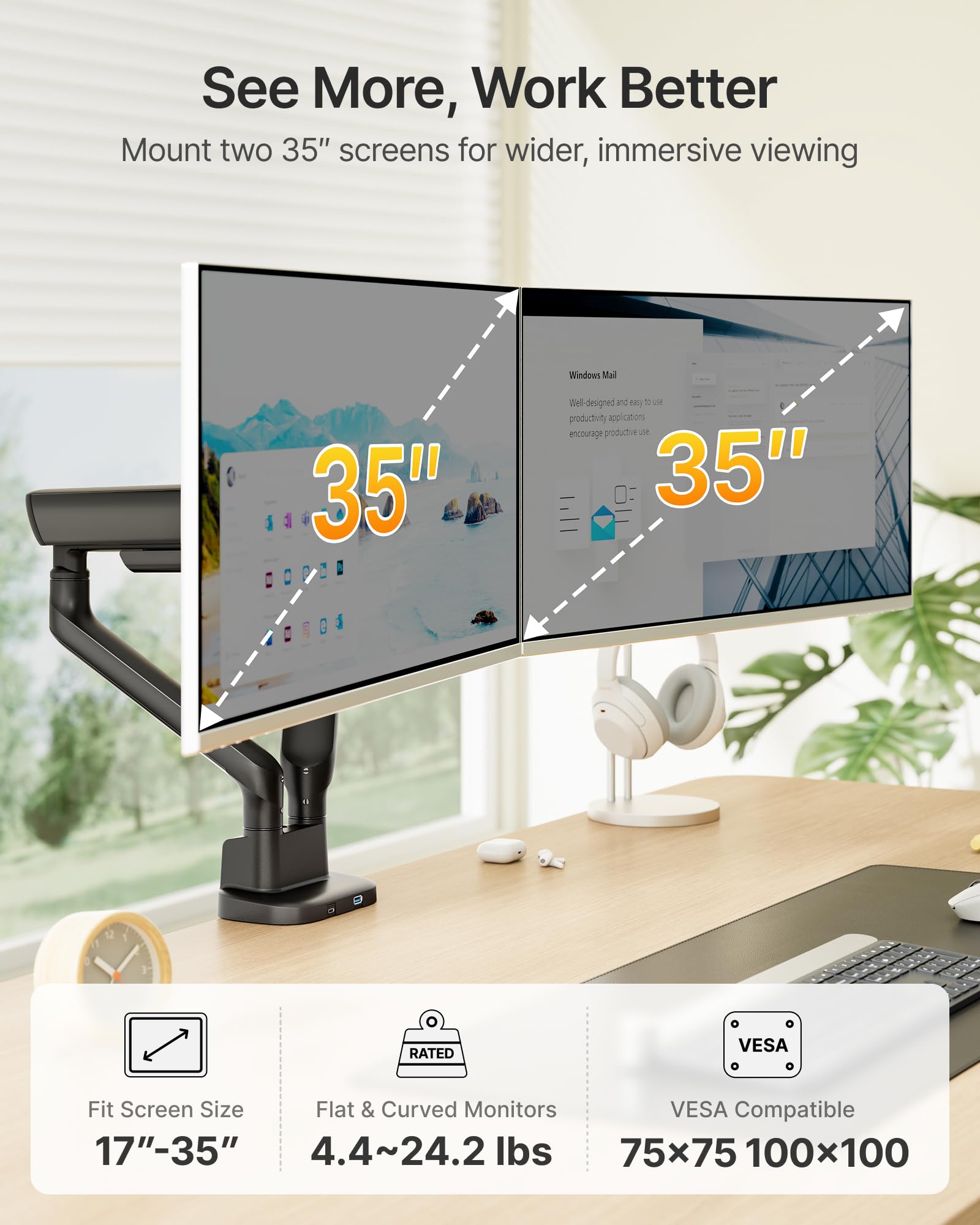 monTEK Braccio doppio monitor con USB per schermi da 17-35" | Molla meccanica, ognuna può contenere fino a 12 kg, morsetto a C / passacavo da scrivania, VESA 75/100 mm