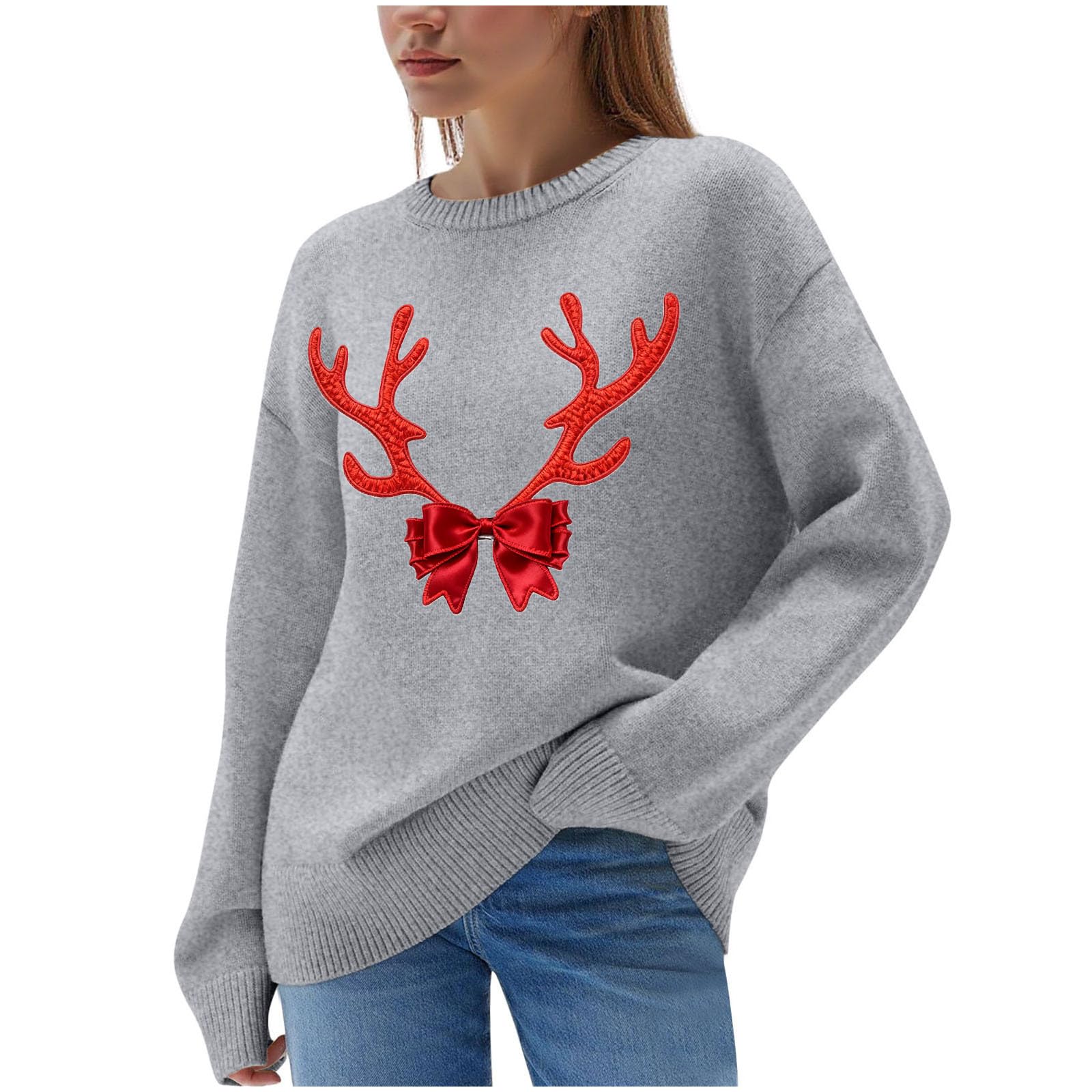 Suéteres de Navidad para mujer, cuello redondo, con estampado de cuernos sin libros, suéteres de Navidad para mujer, casuales, holgados, de punto acanalado, manga larga, divertidos, novedosos