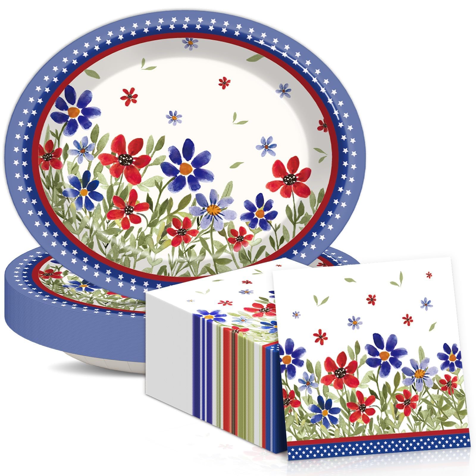 50Pcs American 4th of July Independence Party Oval Paper Plates 11 Inch Patriotic Poppy Flower Plates and Napkins for Memorial Day Decorations