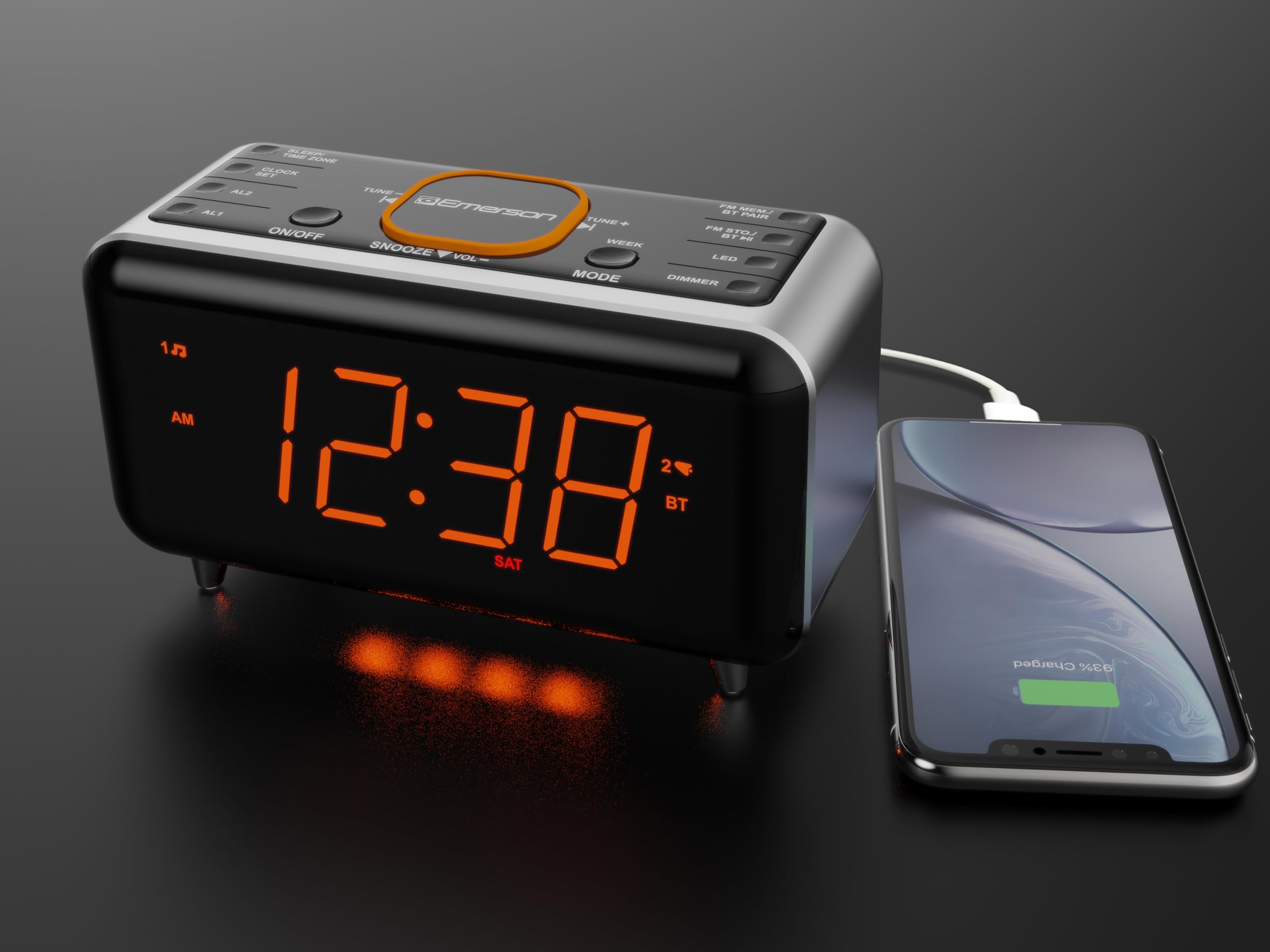 Emerson CKS1521-A SmartSet Radio Sveglia Bluetooth Dual con Display LED Arancione da 1,4", Regolazione automatica dell'ora, caricatore del telefono USB, radio FM, ingresso AUX, dimmer automatico e