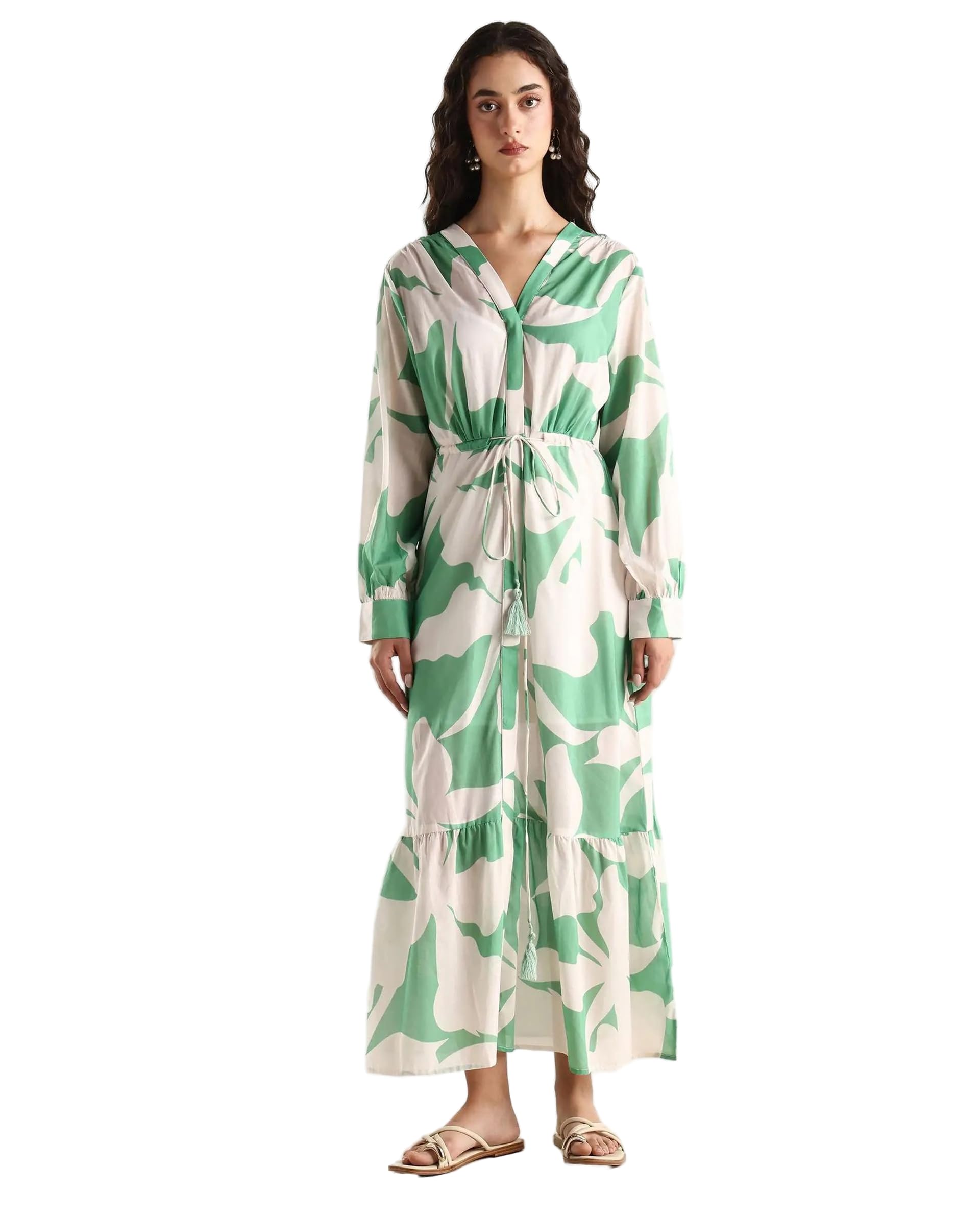 rareism Women A-Line Dusky Green Abstract Cotton V-Neck Long Sleeve Shrug-picture-14