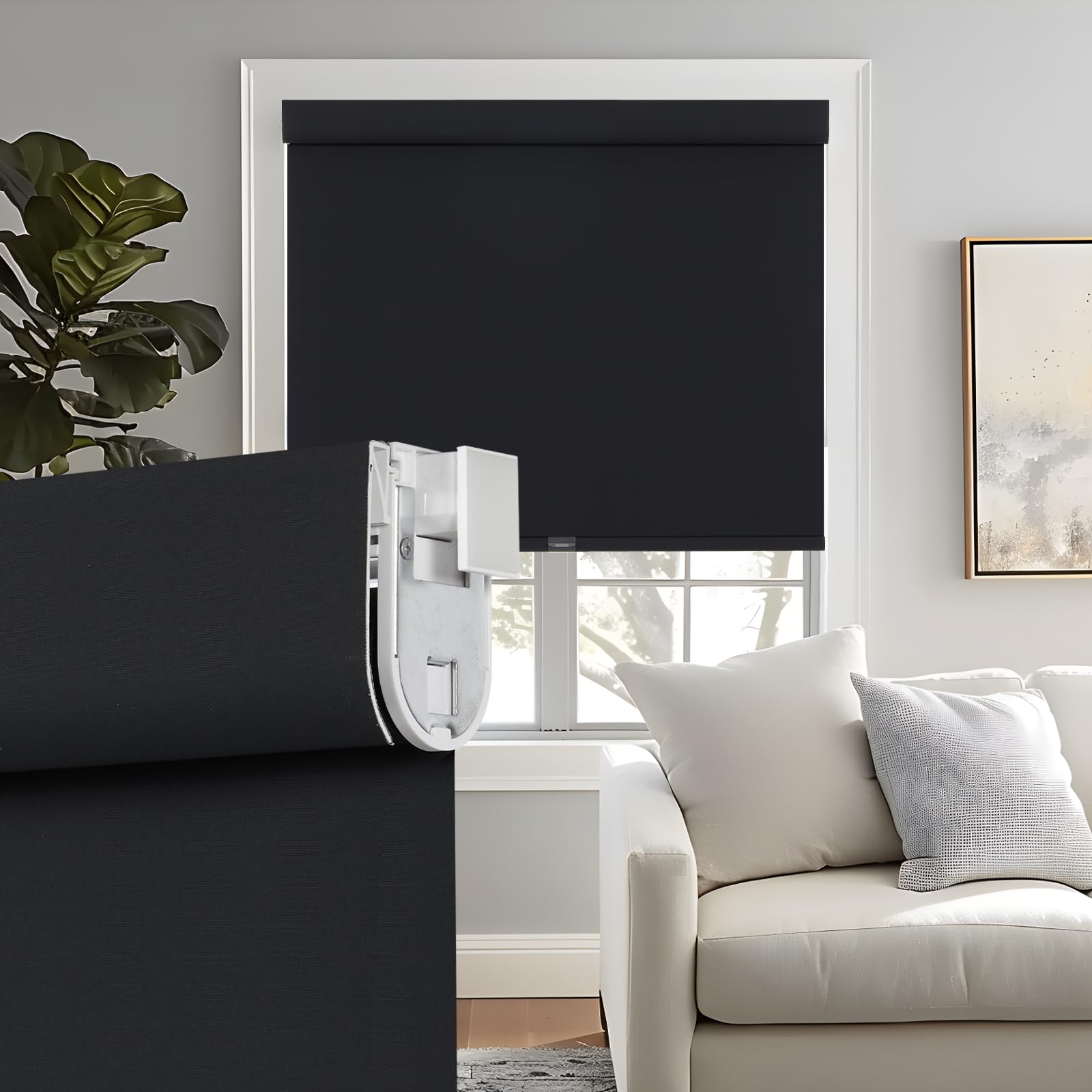 Persilux No Drill No Tools Cordless Roller Shades Blackout Blinds for Windows Room Darkening Rolled Up Shades, UV Protection Window Shades Door Blinds for Home Living Room (Black, 35" W x 72" H)