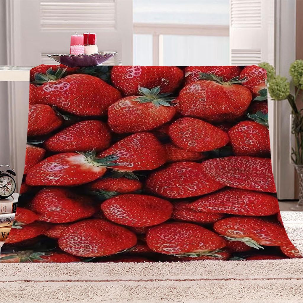 Coperta Di Flanella Letto Matrimoniale Invernale 150X180Cm Coperta Pile In Microfibra Morbida Pelosa Calda Copriletto Per Divano/Bambini Camere Da Letto, Stampa Di Frutta Fragola Rossa Motivo