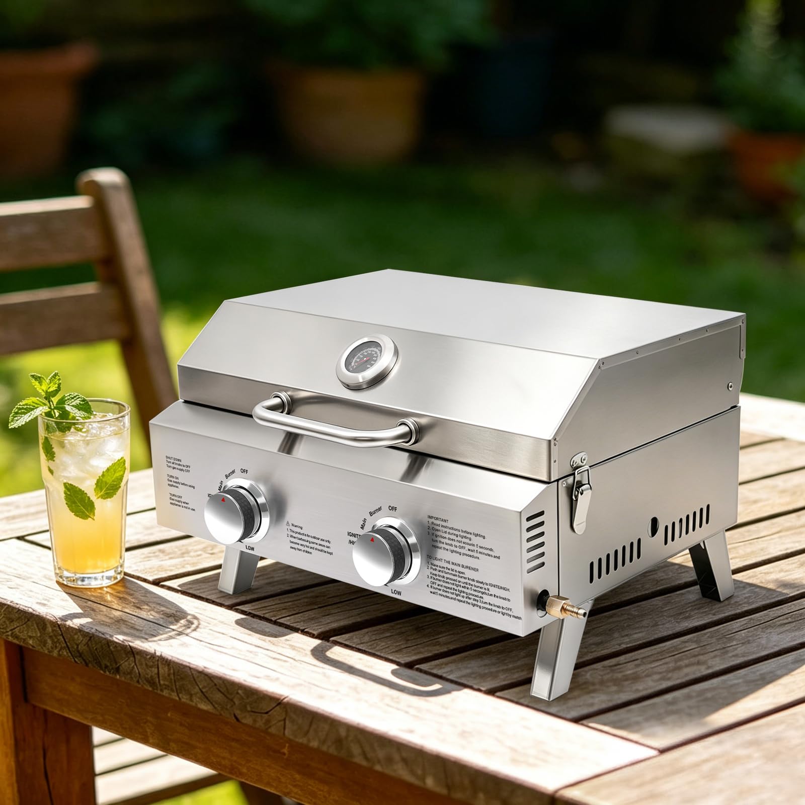 Barbacoa de Gas, 2 Quemadores, Acero Inoxidable y Piedra para Pizza | Barbacoa de gas de mesa con 2 quemadores, acero inoxidable, plegable y con piedra para pizza, ideal para exteriores.