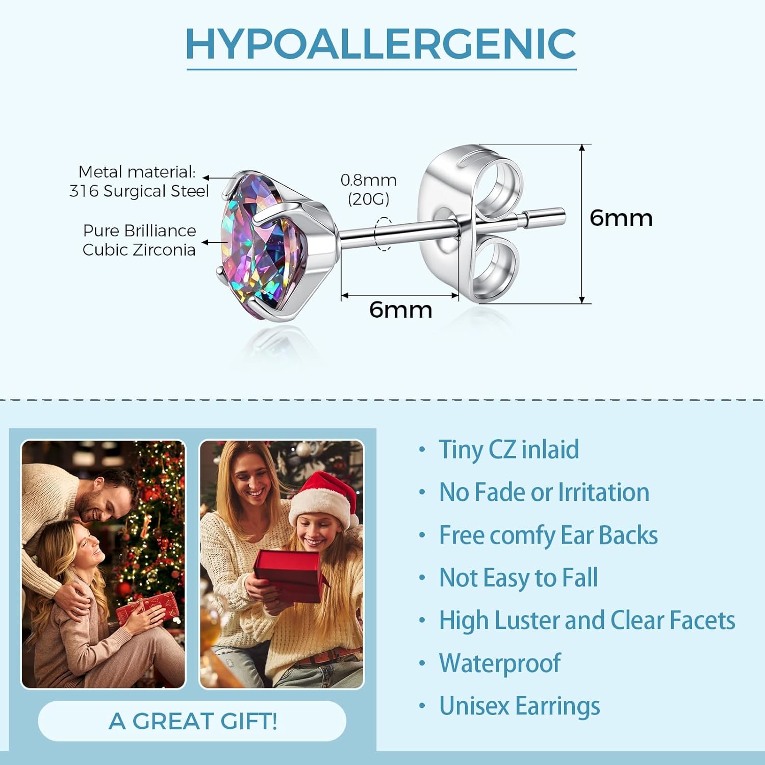 5 Pairs Stud Earrings for Women, Hypoallergenic Cubic Zirconia Silver Black 316L Surgical Stainless Steel Rainbow CZ Earrings Set 3-7mm - Image 2