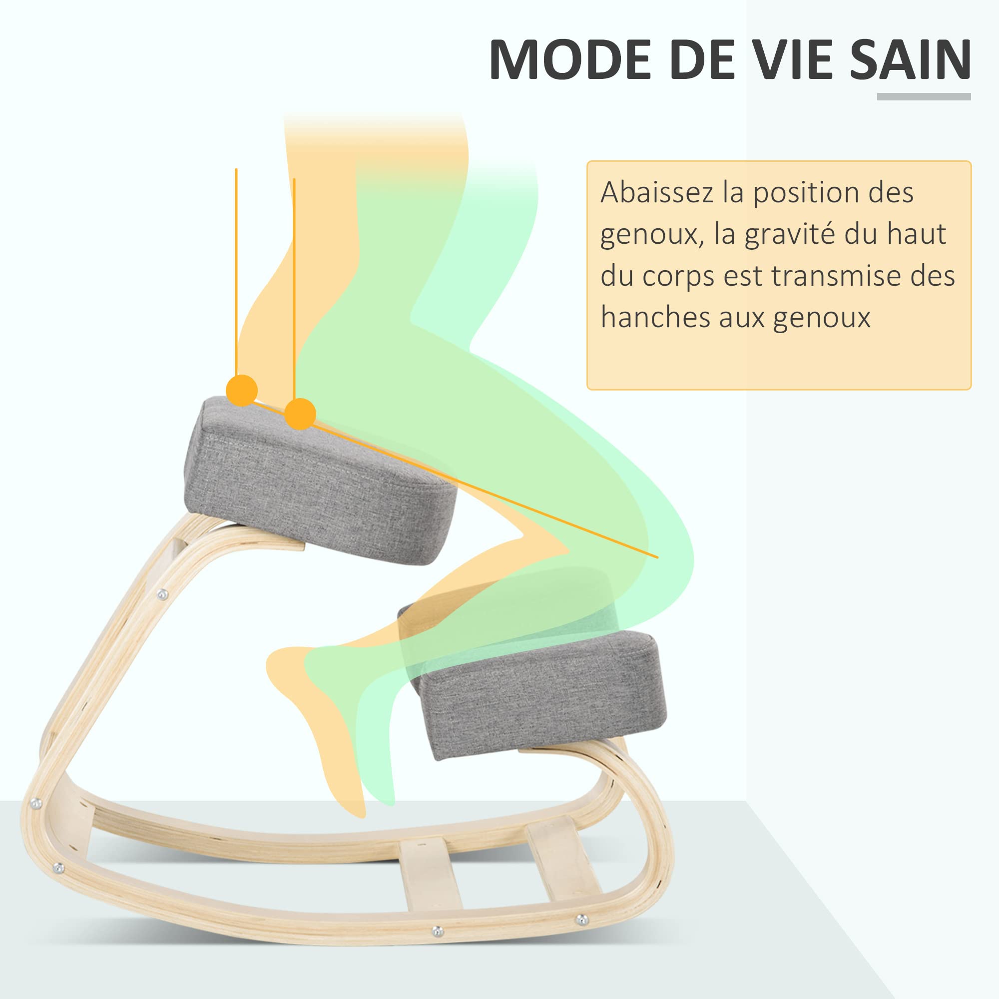 Vinsetto Siège Assis-Genoux Ergonomique Chaise à Genoux Coussin Confortable à Bascule en Tissu et Bois Gris