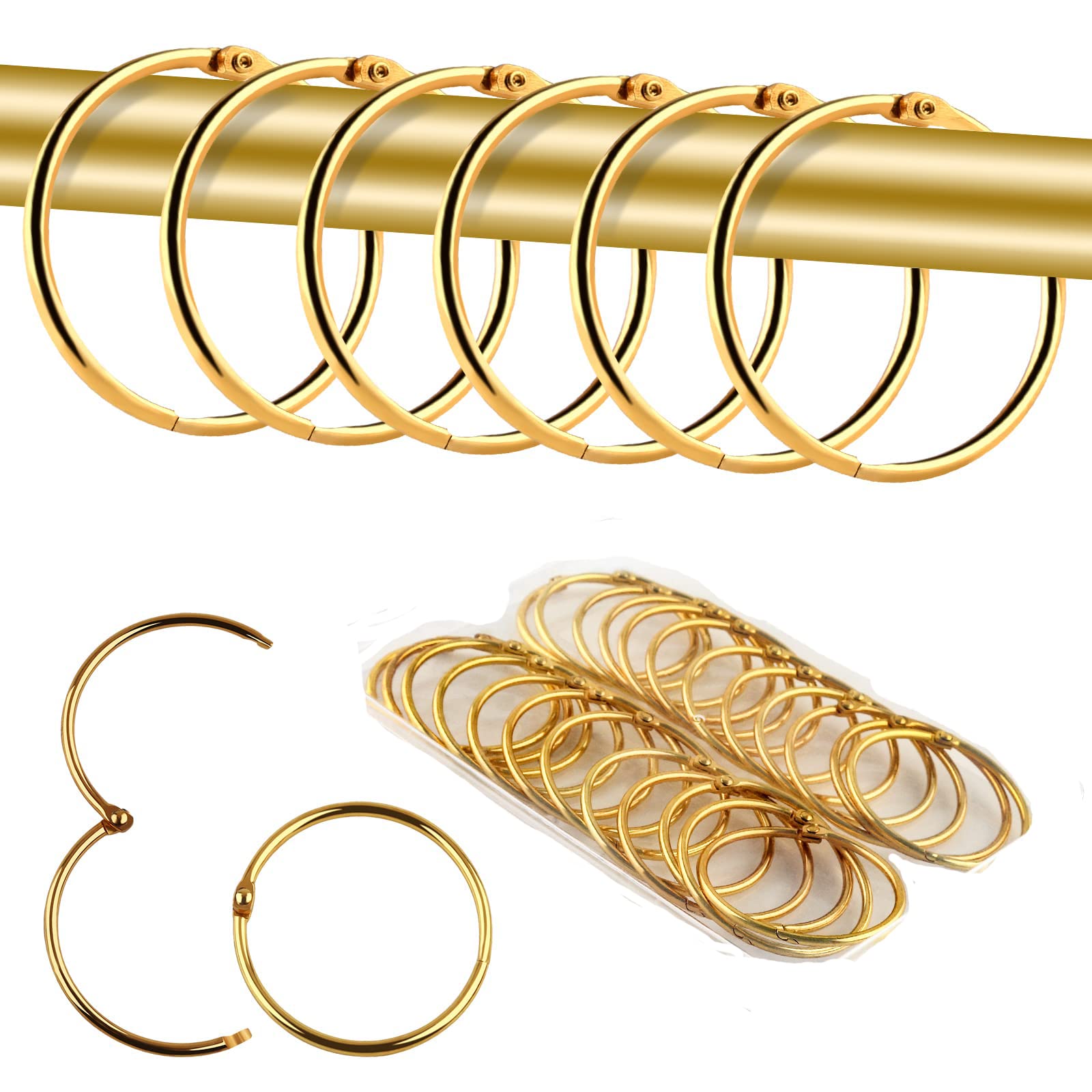 Amzboen 20 Pack Shower Curtain Rings, Rust Proof Shower Curtain Rings, Circular Decorative Shower Ring Hooks for Bathroom Pole Ring, Metal Shower Rings for Curtain (Gold)