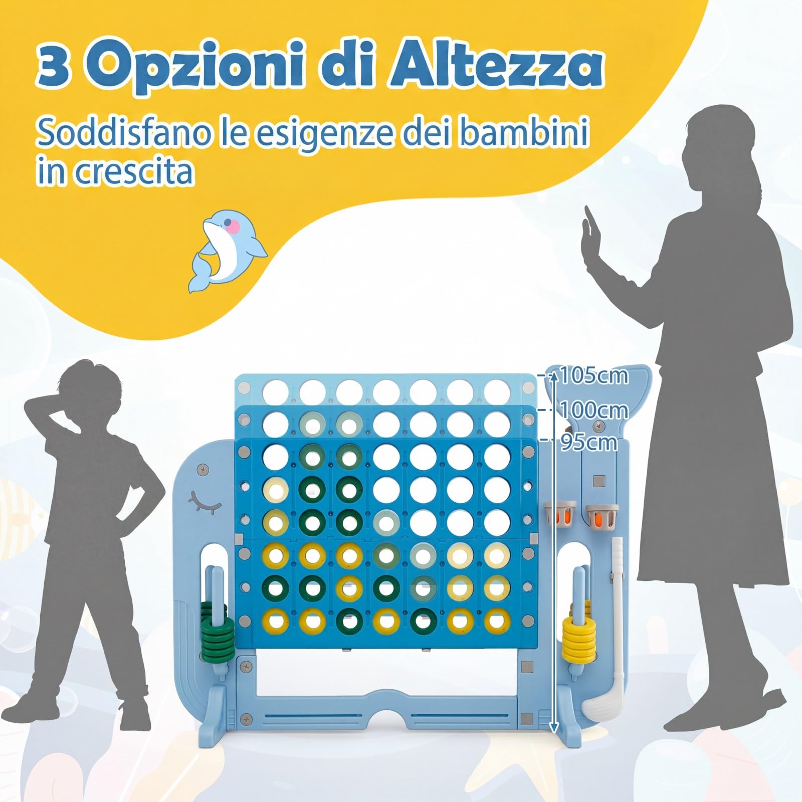 COSTWAY Forza 4 Gigante, Gioco 4 in Linea per Bambini con Altezza Regolabile, 42 Pedine, Palla da Basket, 2 Palline da Golf, Mazza da Golf, 3 Anelli e 2 Portabicchieri (Azzurro)