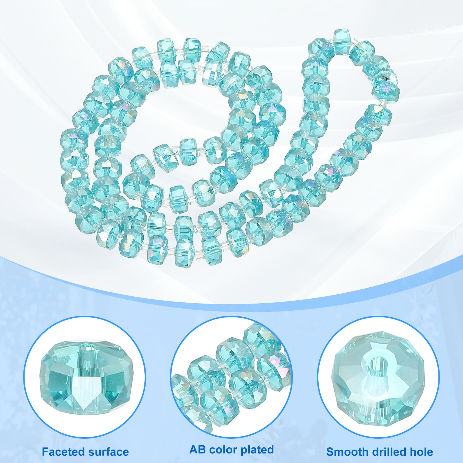 PATIKIL 75 Pcs 8mm OD 5mm Thick Lake Blue Rondelle Crystal Beads Faceted Cut Gemstone Strand with Spacer Beads for Craft Bracelet - Image 3