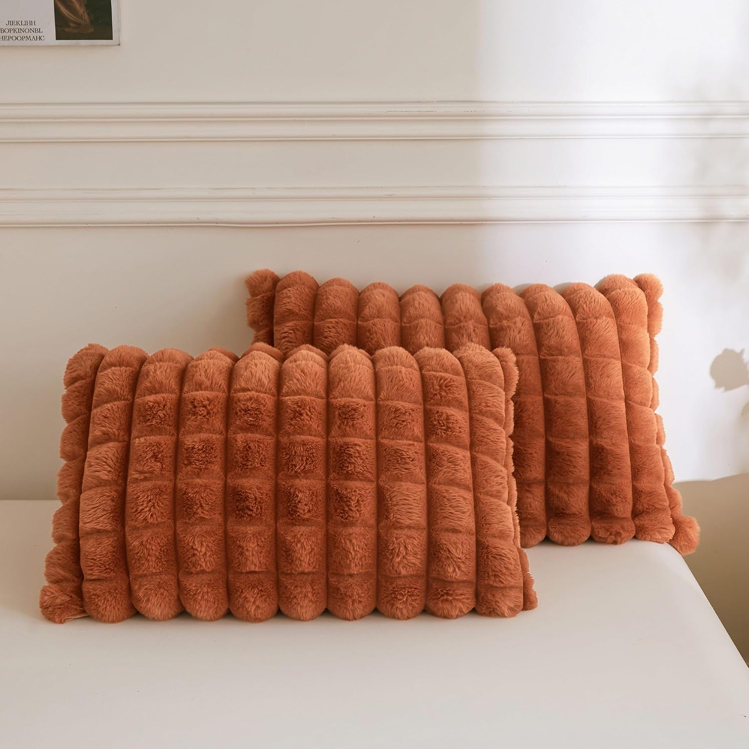 MEGO Soft Faux Rabbit Fur Throw Pillow Covers 18x18 Set of 2, Lavender | Plush 3D Checkered Fuzzy Bed Pillow Cases with Hidden Zipper, Decorative Pillow Shams for Bedroom Living Room Sofa Office