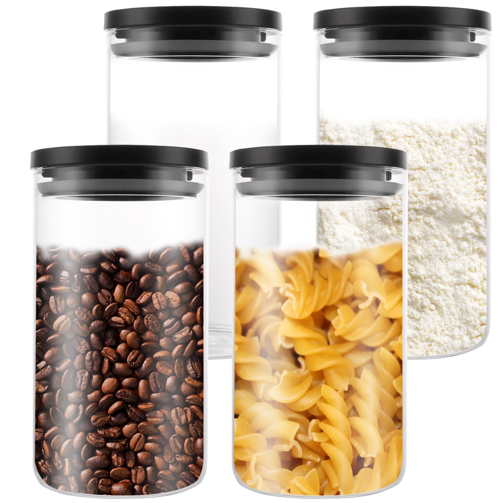 YAYODS 4 barattoli in vetro con coperchio, 1,2 l, con coperchio, ermetici, piccoli, con coperchio, colore nero, per chicchi di caffè, spaghetti, farina, zucchero