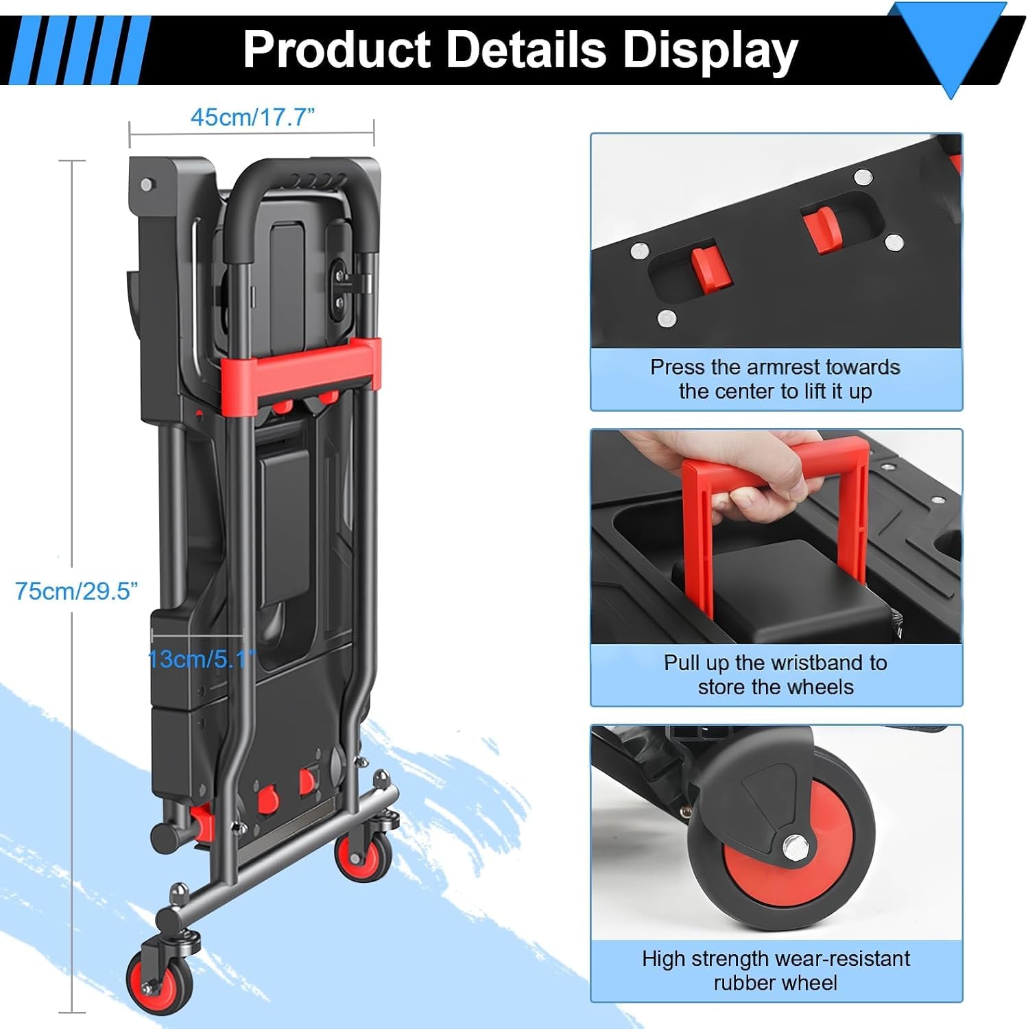 Carrello multiuso pieghevole, carrello per carichi pesanti, capacità di 150 kg, con maniglia regolabile e 4 ruote, per traslochi e shopping.