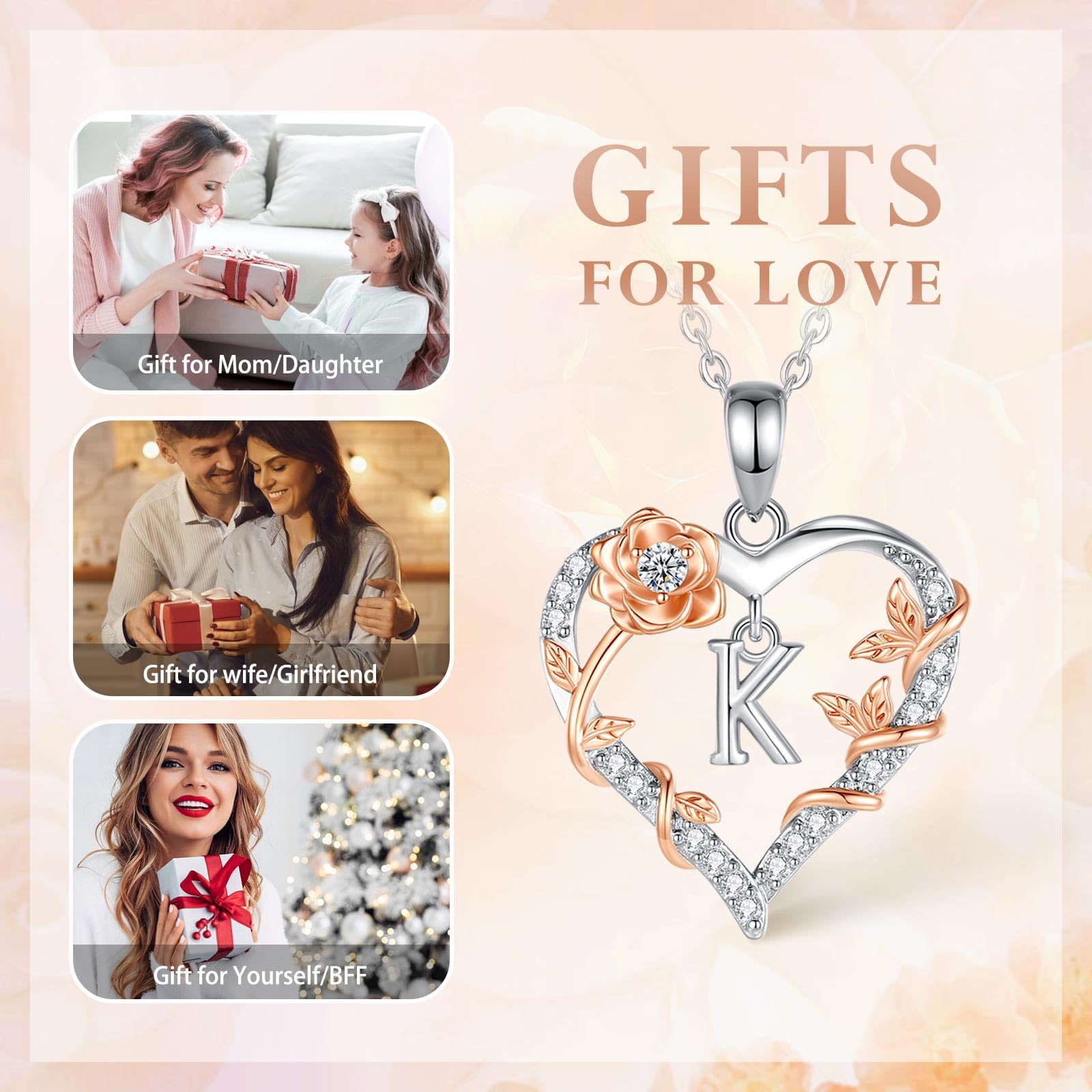 EUDORA Harmony Ball Collana con iniziali a Cuore Rosa per Donne, Lettera dalla A alla Z Collane con Iniziali dell'Alfabeto in Rame Placcato in Rodio Iniziali con Ciondolo Regali di Gioielli, 18"