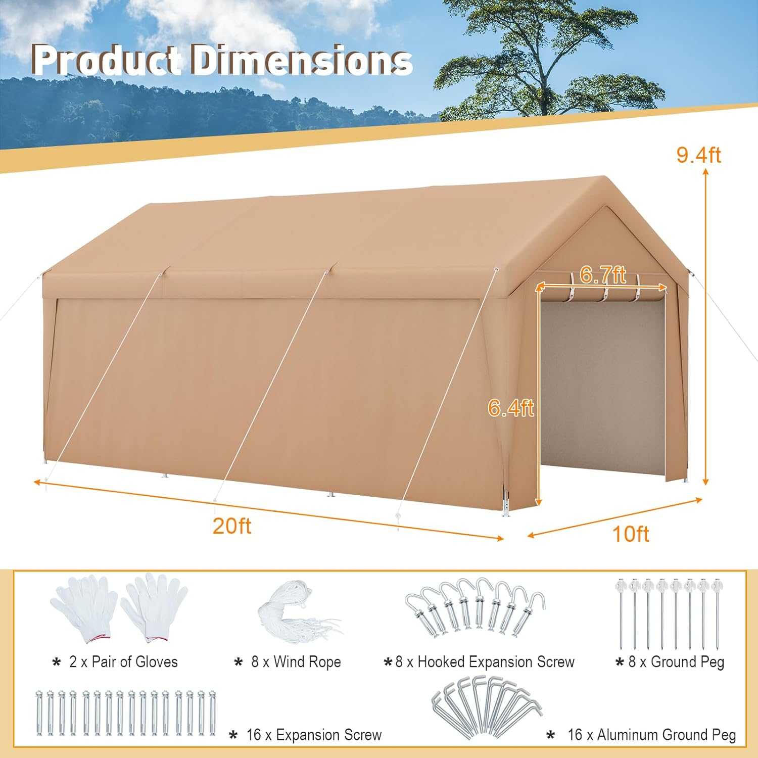 Tangkula 10x20 Ft Heavy-Duty Carport, Portable Garage Tent with Galvanized Steel Frame, Removable Sidewall & 2 Roll-up Zippered Door, Outdoor Car Canopy Shelter for Car, Truck, SUV, Boat