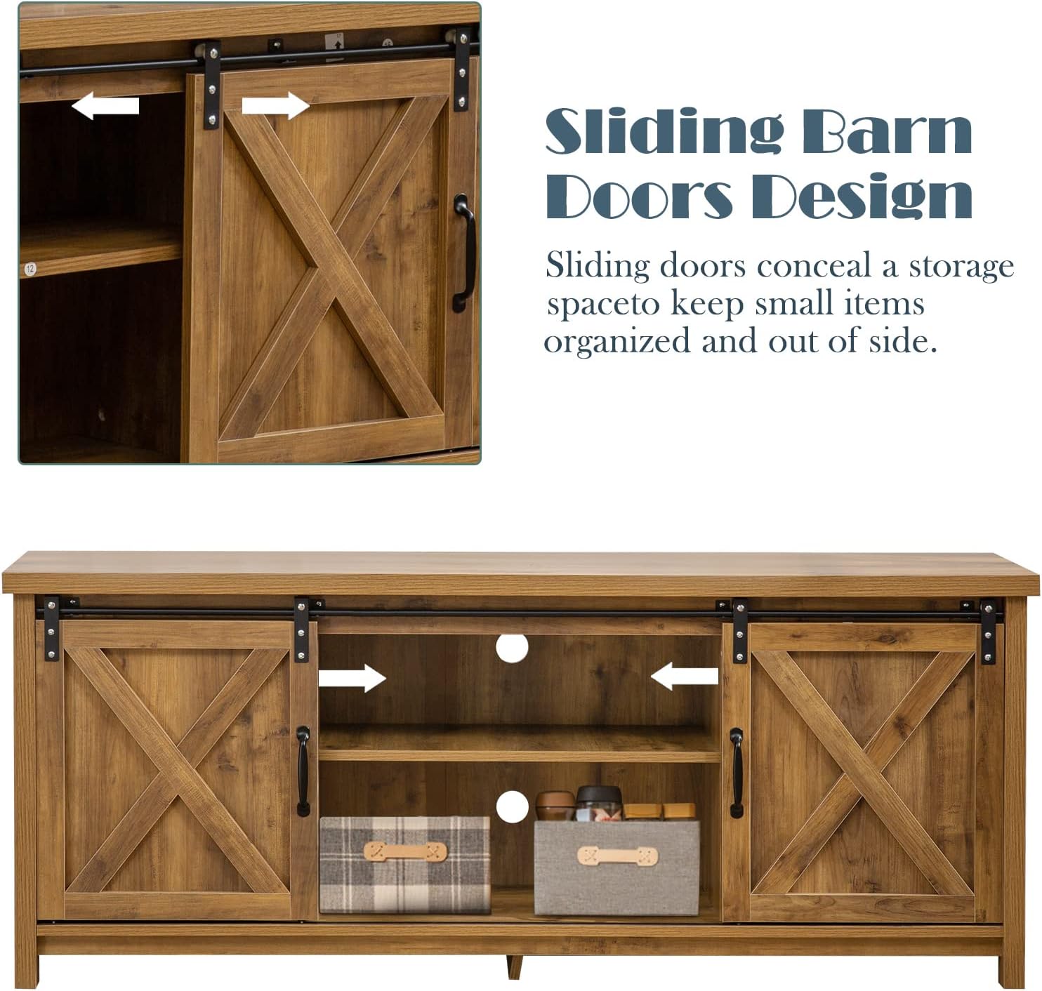 Close-up of the sliding barn door mechanism on the TV stand, showing movement direction