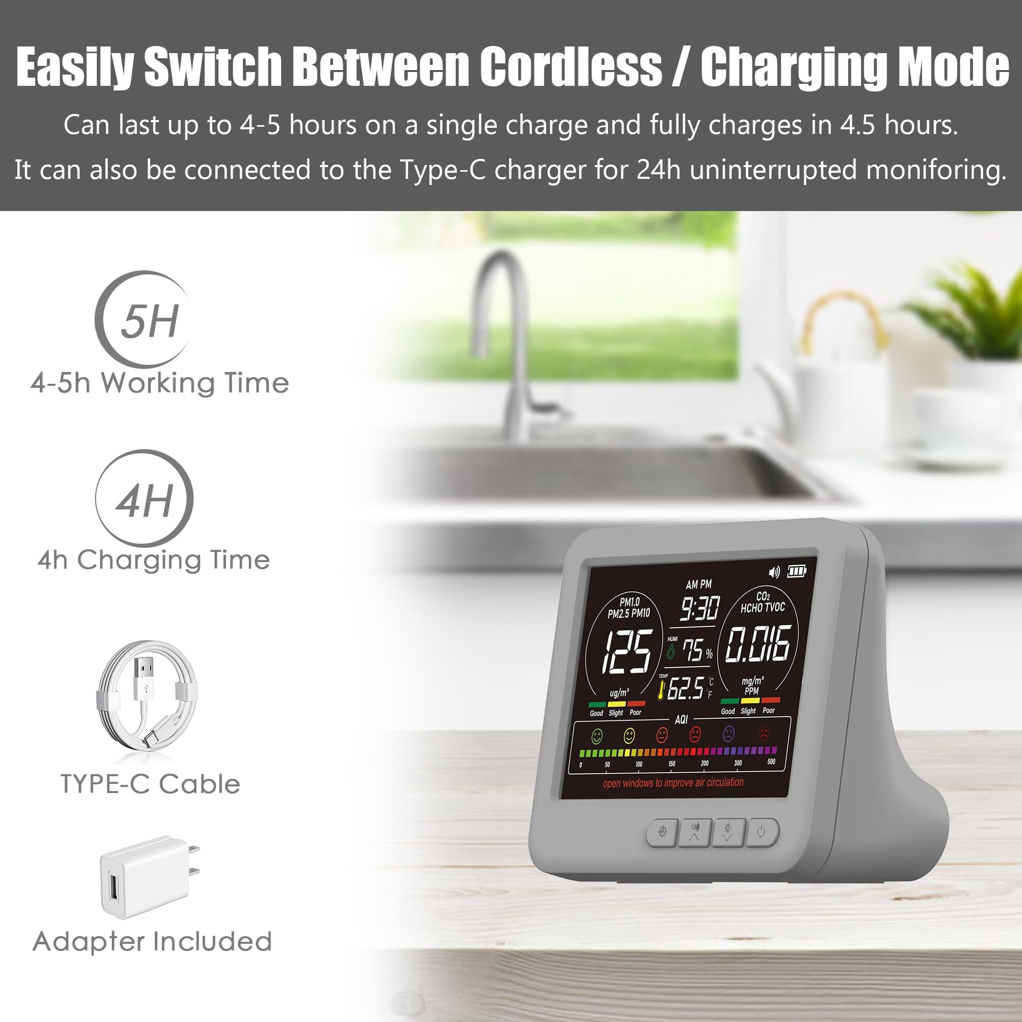 16-in-1 Indoor Air Quality Monitor, High-Precision Multi-Parameter Smart Air Quality Tester with HD Real-Time Color Screen, Portable Air Quality Monitor for Home, Office — Amazon image 7