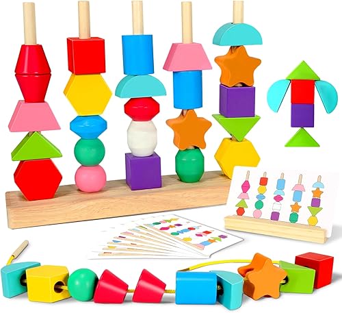 Juguetes Montessori para niños de 2, 3 y 4 años, juego de madera a juego y cuentas de cordones para actividades de aprendizaje preescolar,