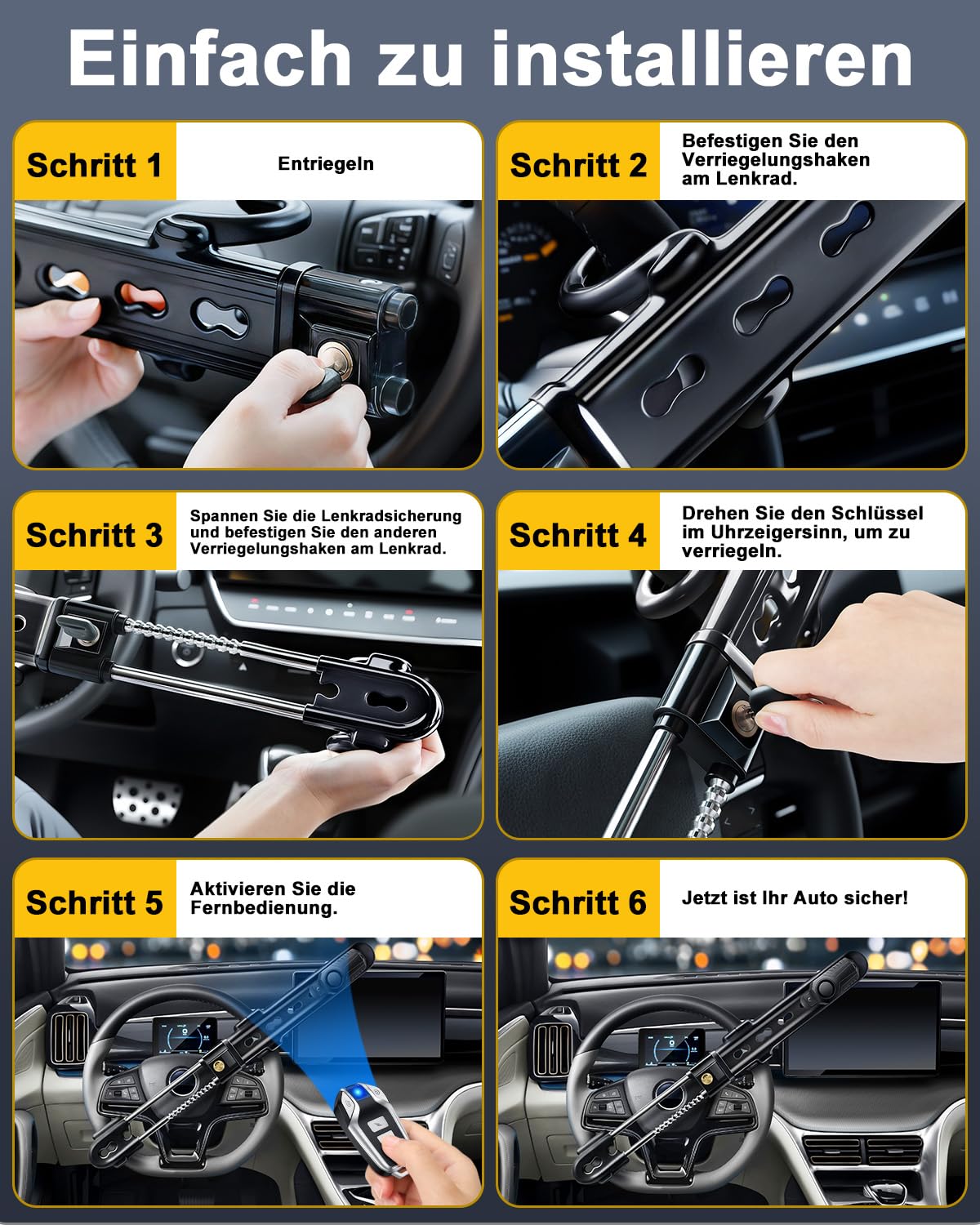 ELECTOP Lenkradschloss mit 113 dB-Alarm – Autoalarmsystem mit Bewegungssensor und Diebstahlschutz, mit einstellbarer Verriegelung und 2 Schlüsseln – Autoalarmsystem für PKW, LKW, Transporter und SUV