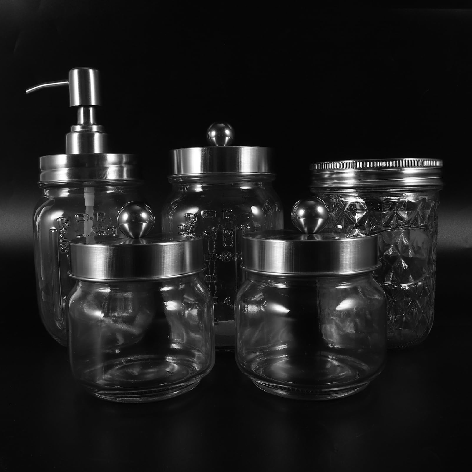 ULTECHNOVO Set Accesorios Baño 5 Piezas Dispensador de Jabón de Espuma, Soporte para Cepillos de Dientes y Tarros de Almacenamiento de Vidrio y Acero Inoxidable para Baño