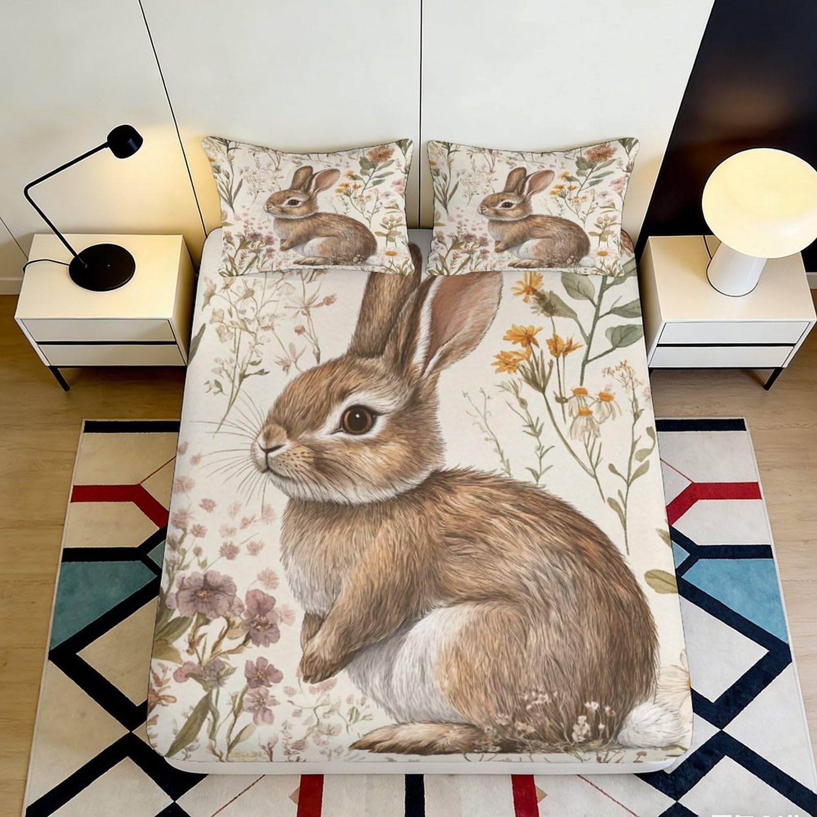 3D Printed Bunny Meadow Fitted Sheet Microfiber Anti-Slip Floral Rabbit Bed Cover for Bedroom Guest Room Decor 90x200x25cm