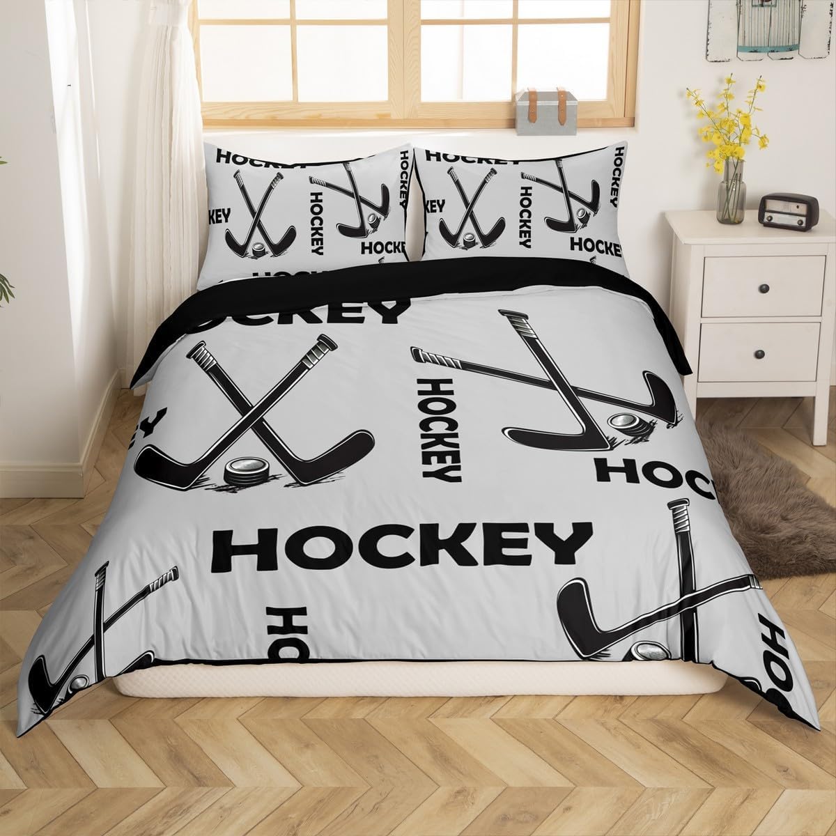 Poszewka na kołdrę 105/120 Hokej na lodzie 3D szara poszwa na kołdrę 180 x 220 cm, lekka i wygodna pościel z mikrofibry z zamkiem błyskawicznym i 2 poszewkami na poduszki łatwa w pielęgnacji M/7417