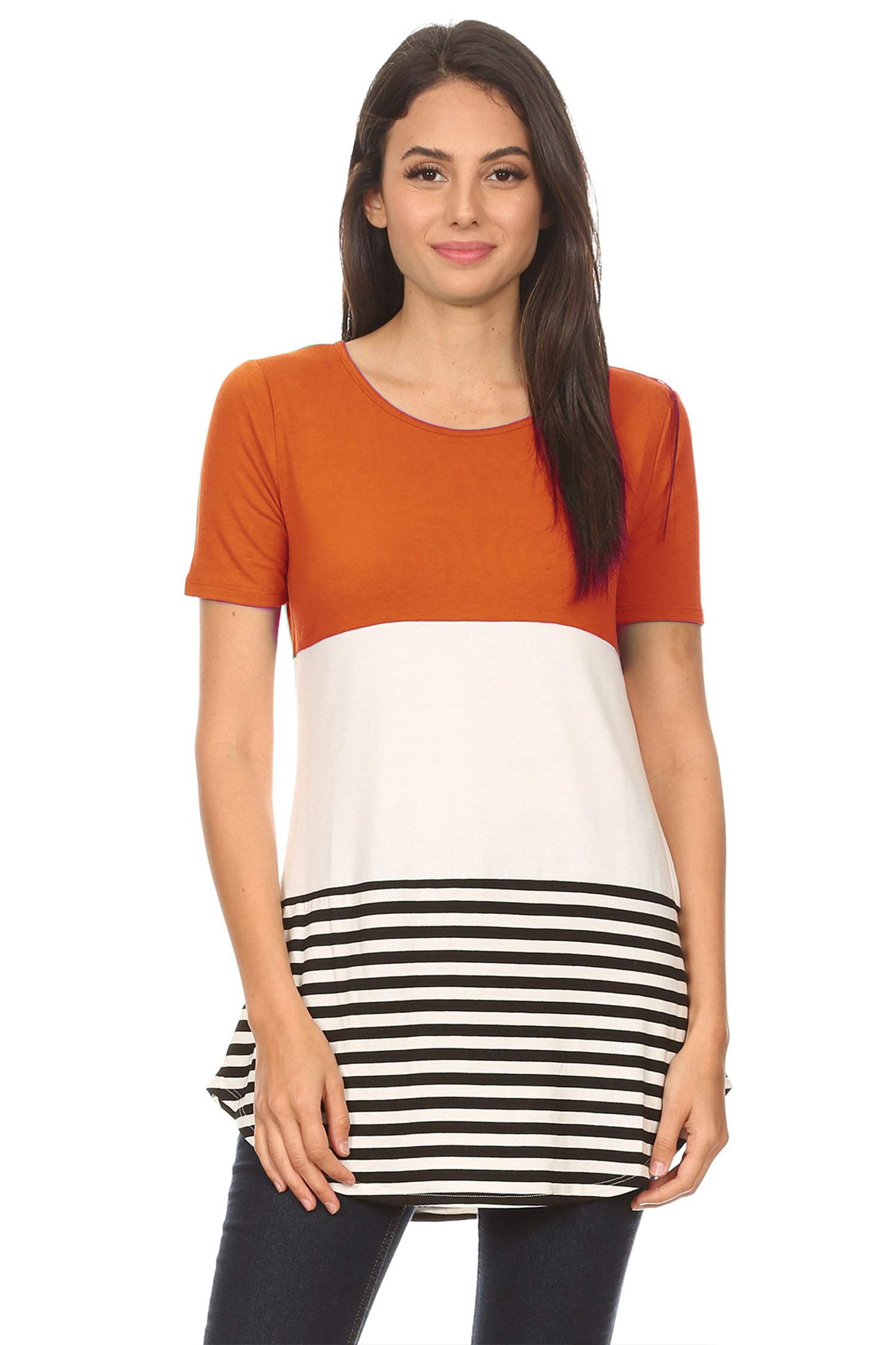 FashionJOAWomen's Solid Striped Color Block Short Sleeve Comfy Casual Knit Tee Shirt Tunic Top